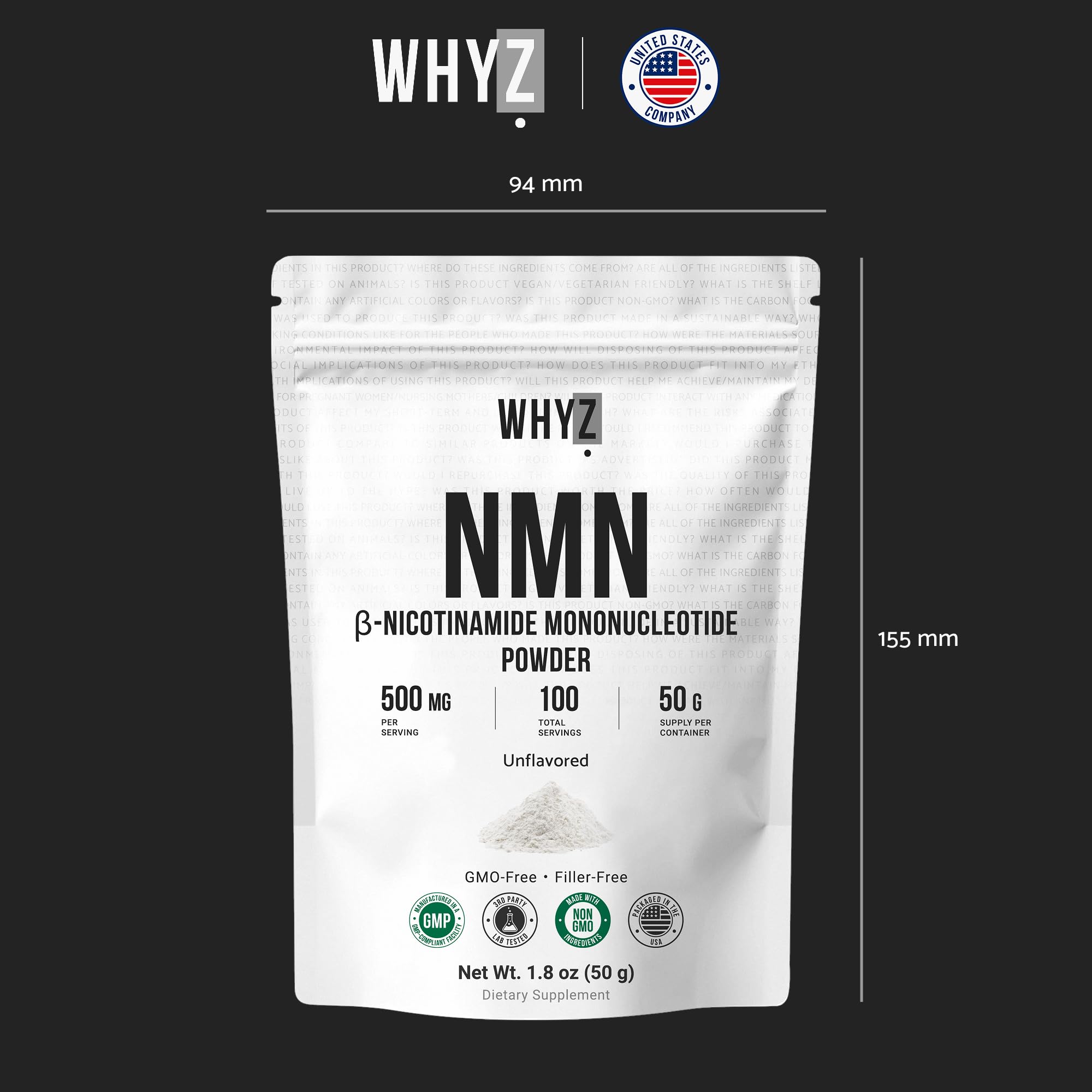Pure NMN Powder Nicotinamide Mononucleotide Quick Dissolved NMN Supplement Powder 100% Unflavored NMN Supplement Supports NAD+ Levels Vegan Friendly Non-GMO, 50g WHYZAu supplements