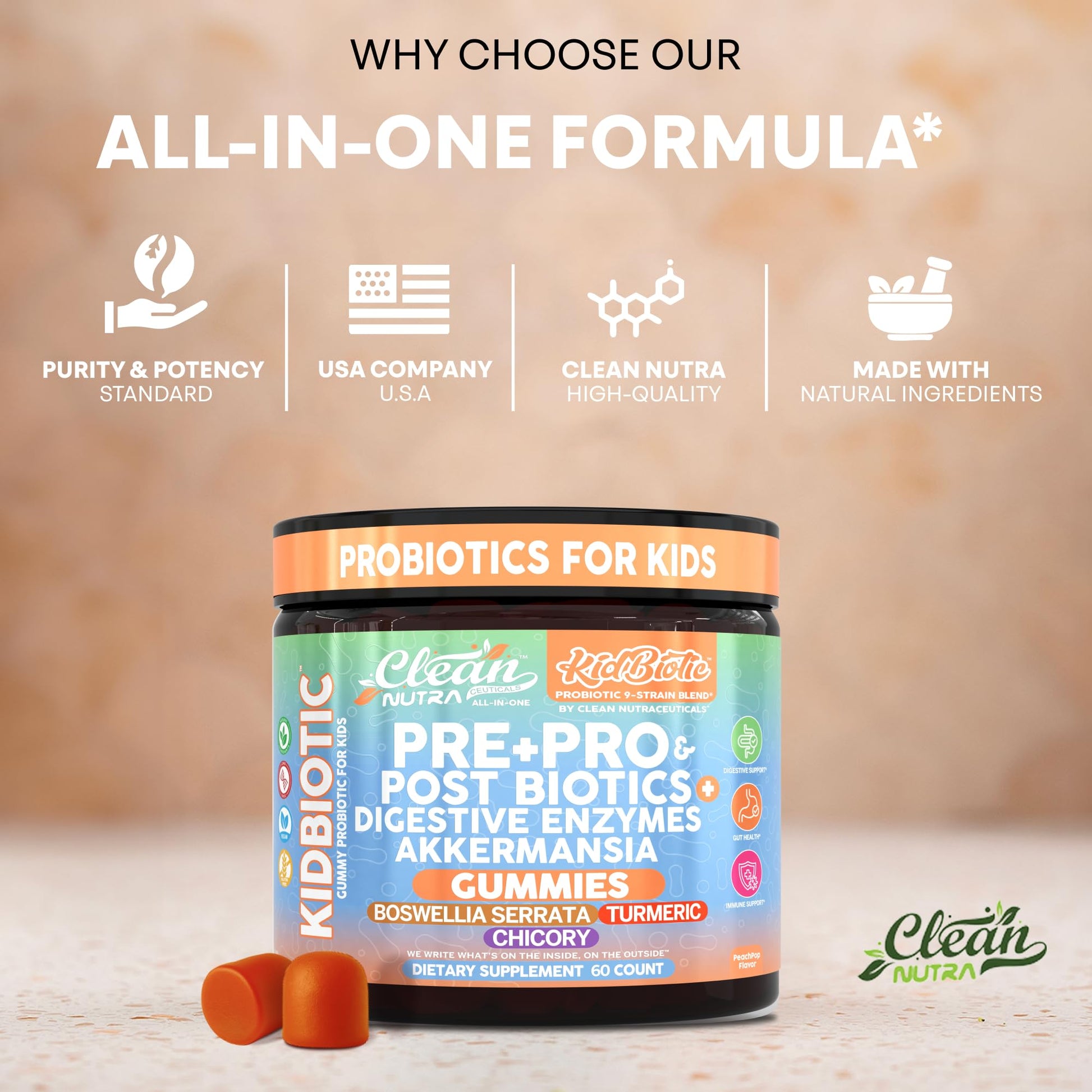 Clean Nutra Kids Probiotics Gummies with Prebiotics, Postbiotics, Digestive Enzymes, Akkermansia, Boswellia Serrata, Turmeric, Chicory – 60 Count – Plant-Based Supplement for Kids – PeachPop Flavor Clean NutraceuticalsAu supplements