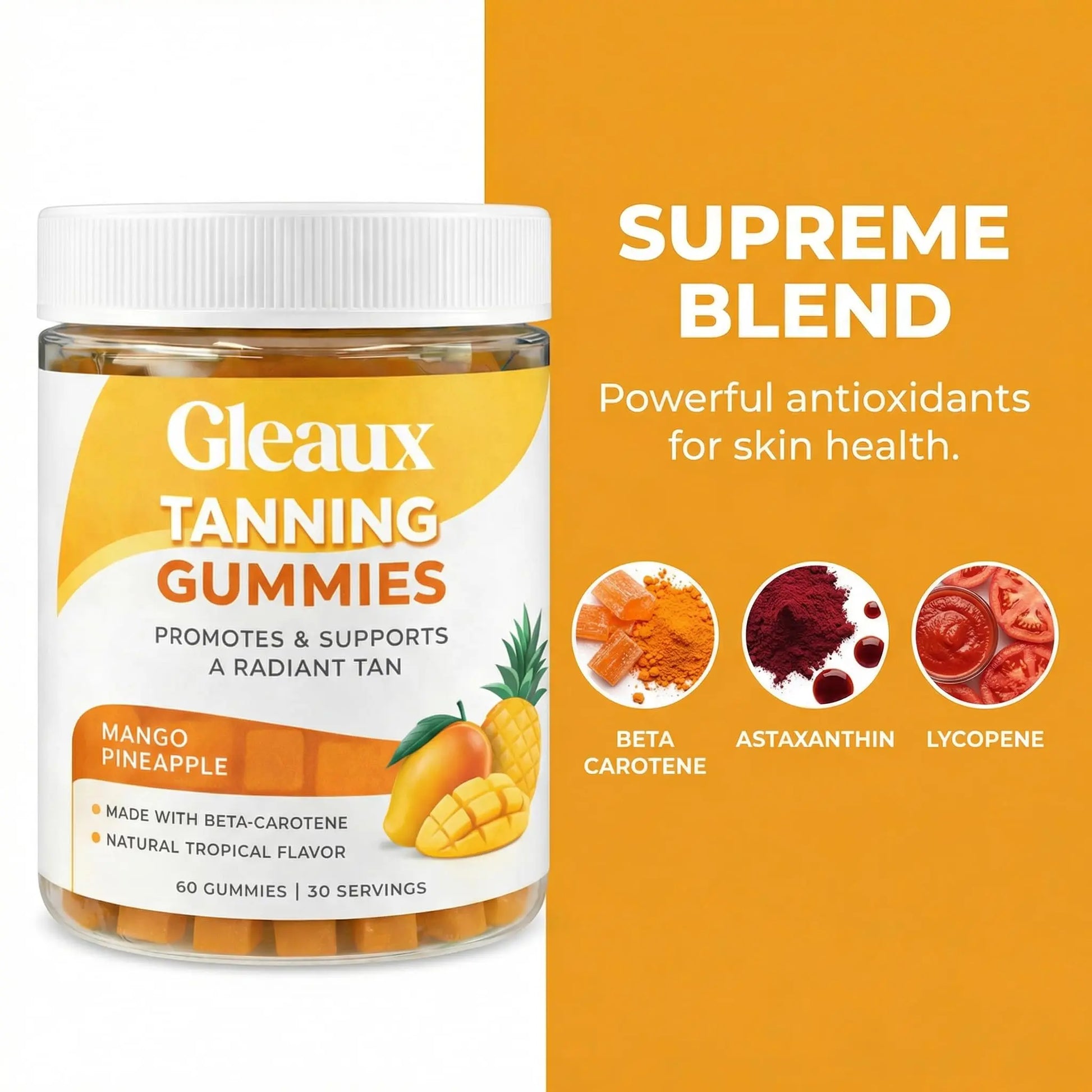 DXWXH Gleaux Tanning Gummies, Tanning Gummies for Women, Sunless Radiance Support with Beta Carotene, Astaxanthin & Lycopene, for Skin Health & Complexion Support, Mango Pineapple Flavor, 60 Gummies DXWXHnz supplements
