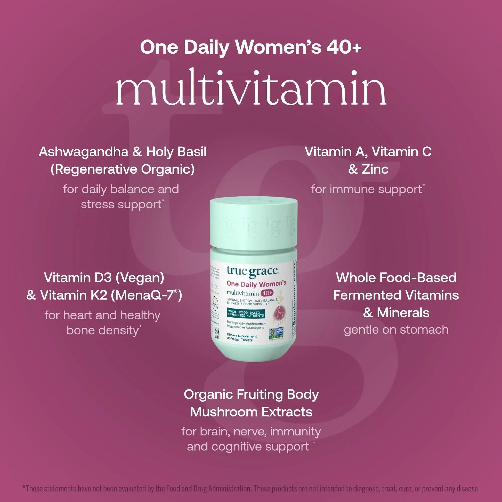 True Grace One Daily Women’s Multivitamin 40+ Fermented Minerals, Organic Adaptogens & Mushrooms Energy, Immune, Bone Support True GraceAu supplements