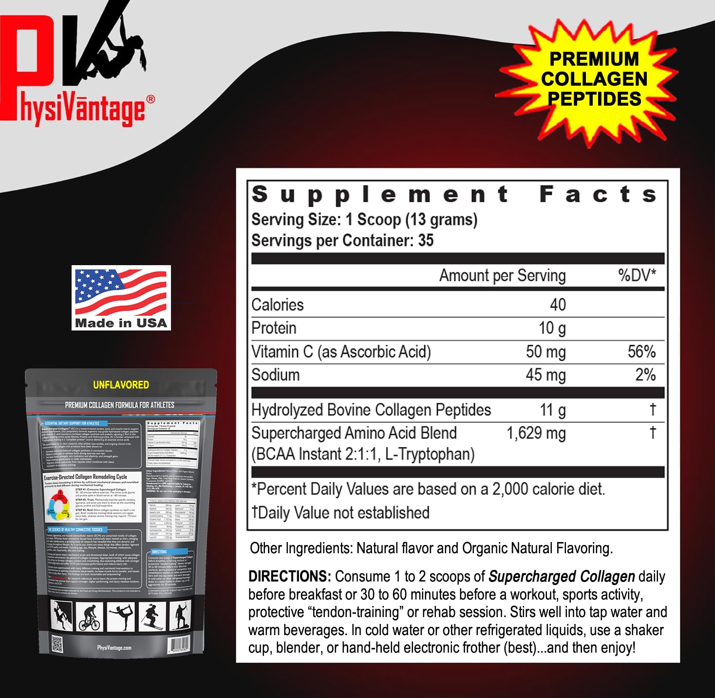 PhysiVantage Supercharged Collagen Peptides Powder - Hydrolyzed Collagen for Joint, Tendon, Ligament, & Skin Health Support - Peach Mango, Keto, Paleo, 16oz | Enhanced with Vitamin C, BCAAs, Grass-Fed PhysiVantageAu supplements