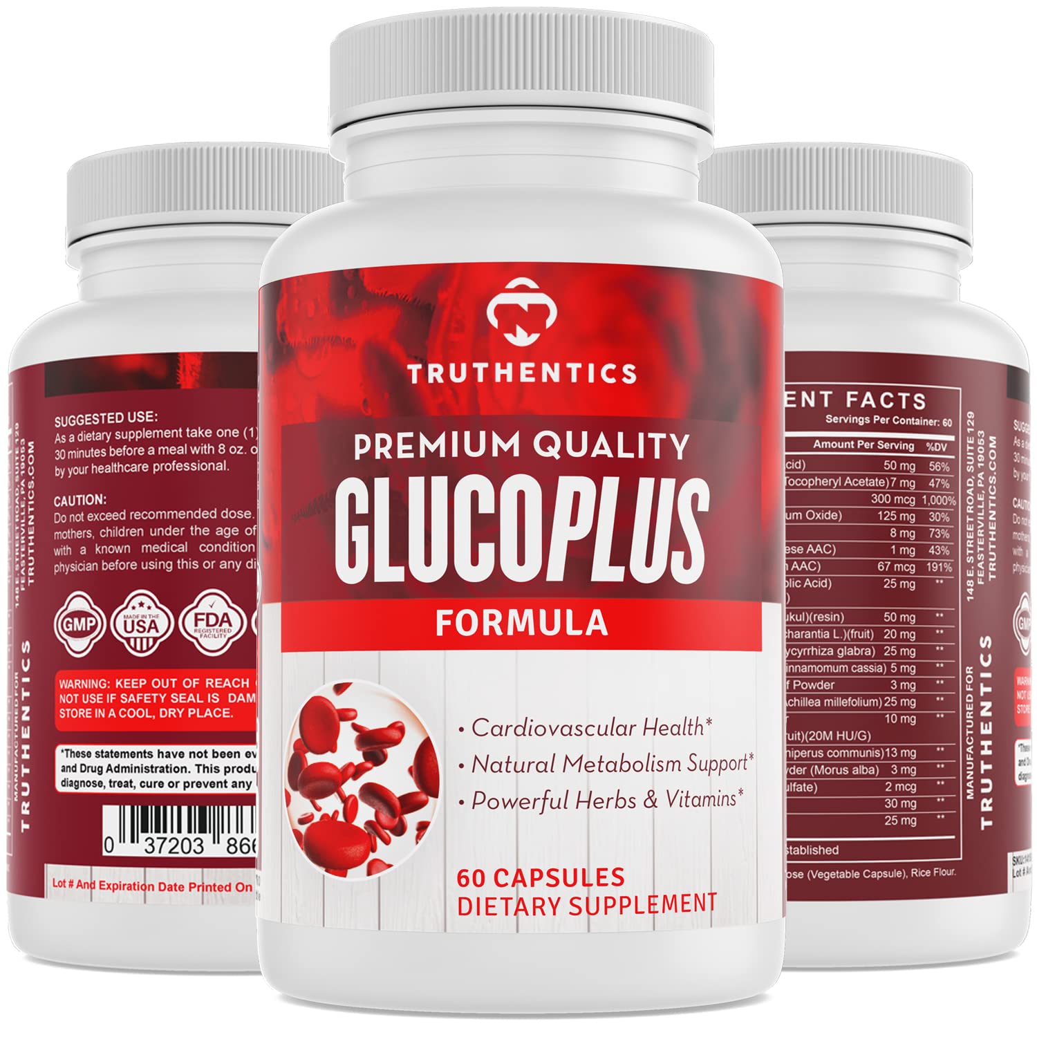 TRUTHENTICS GlucoPlus - 20 Herbs, Vitamins & Minerals with Cinnamon, Chromium, Vanadium, Bitter Melon, Alpha Lipoic Acid, Magnesium - Gluten Free, Non-GMO - 60 Capsules TRUTHENTICSAu supplements