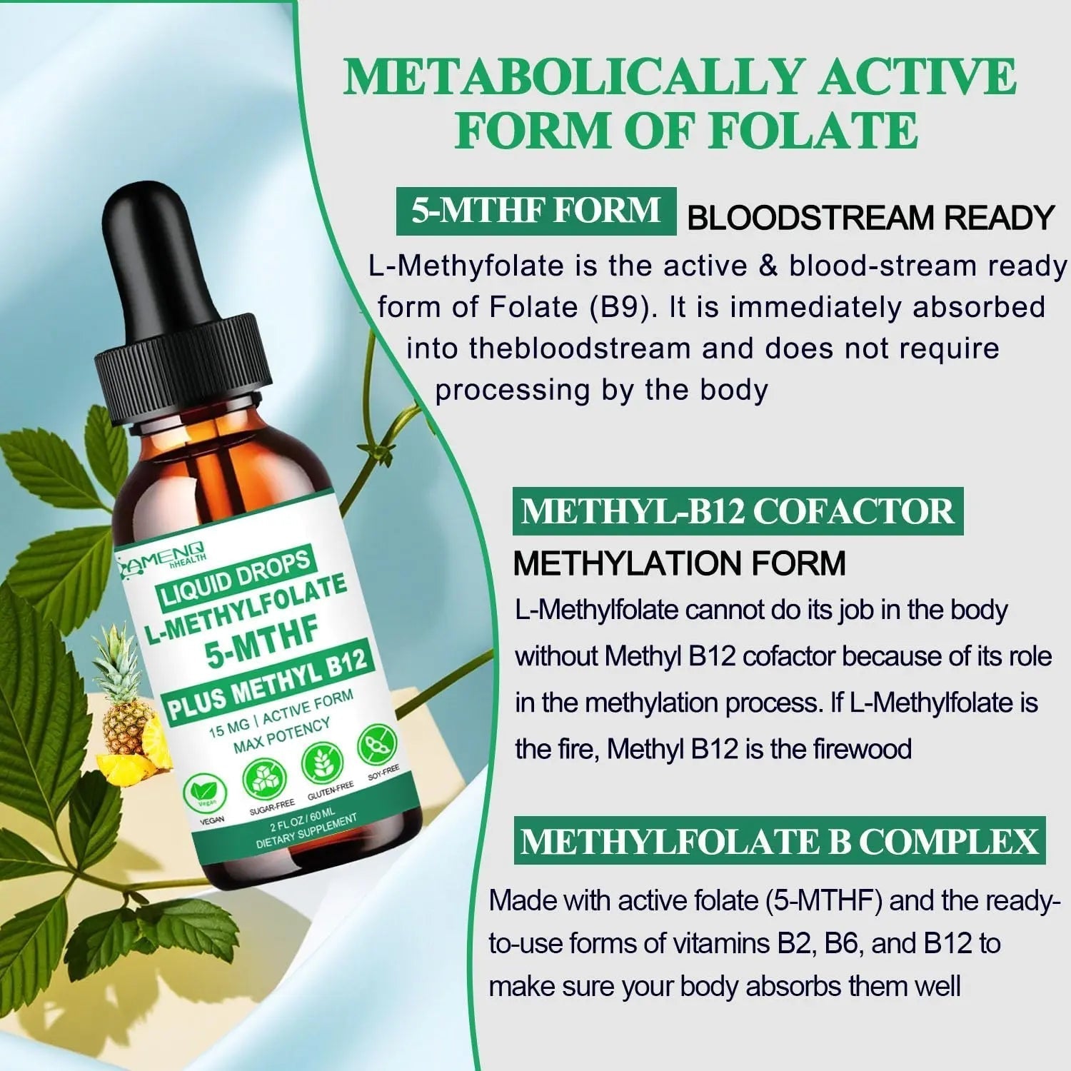 Methylfolate Supplement Liquid Drops, L Methy Folate 15mg Plus Methy B12, B6, B2 Multivitamin, Metabolically Active 5-MTHF Form AMENQ hHEALTHAu supplements
