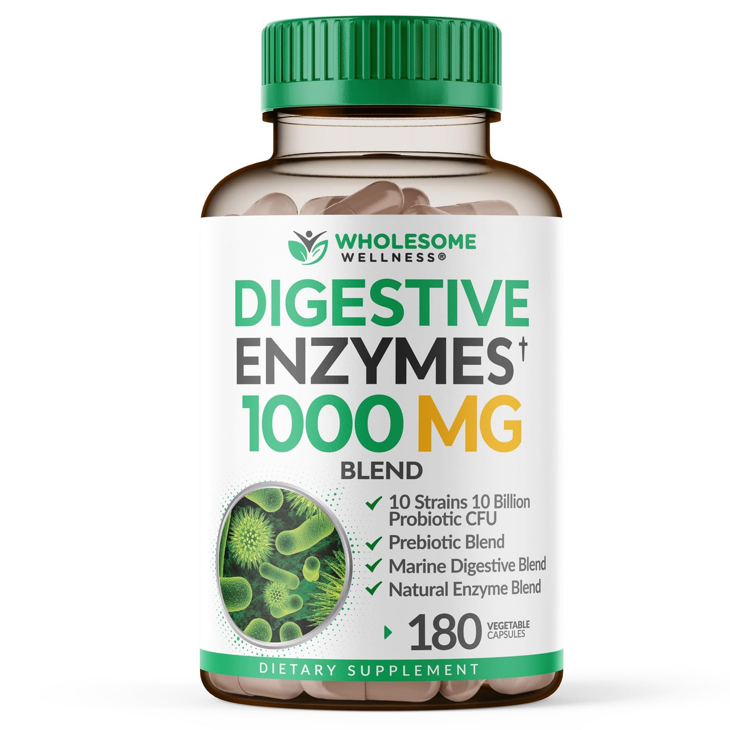Wholesome Wellness Digestive Enzymes 1000MG Plus Prebiotics & Probiotics Supplement, 180 Capsules, Organic Plant-Based Vegan Formula for Digestion Wholesome WellnessUS supplements