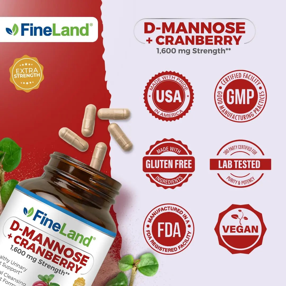 FineLand D-Mannose + Cranberry – 1600mg per Serving – 120 Vegan Capsules – Urinary Tract & Bladder Health Support – Non-GMO, Gluten-Free, Made in USA FineLandAu supplements