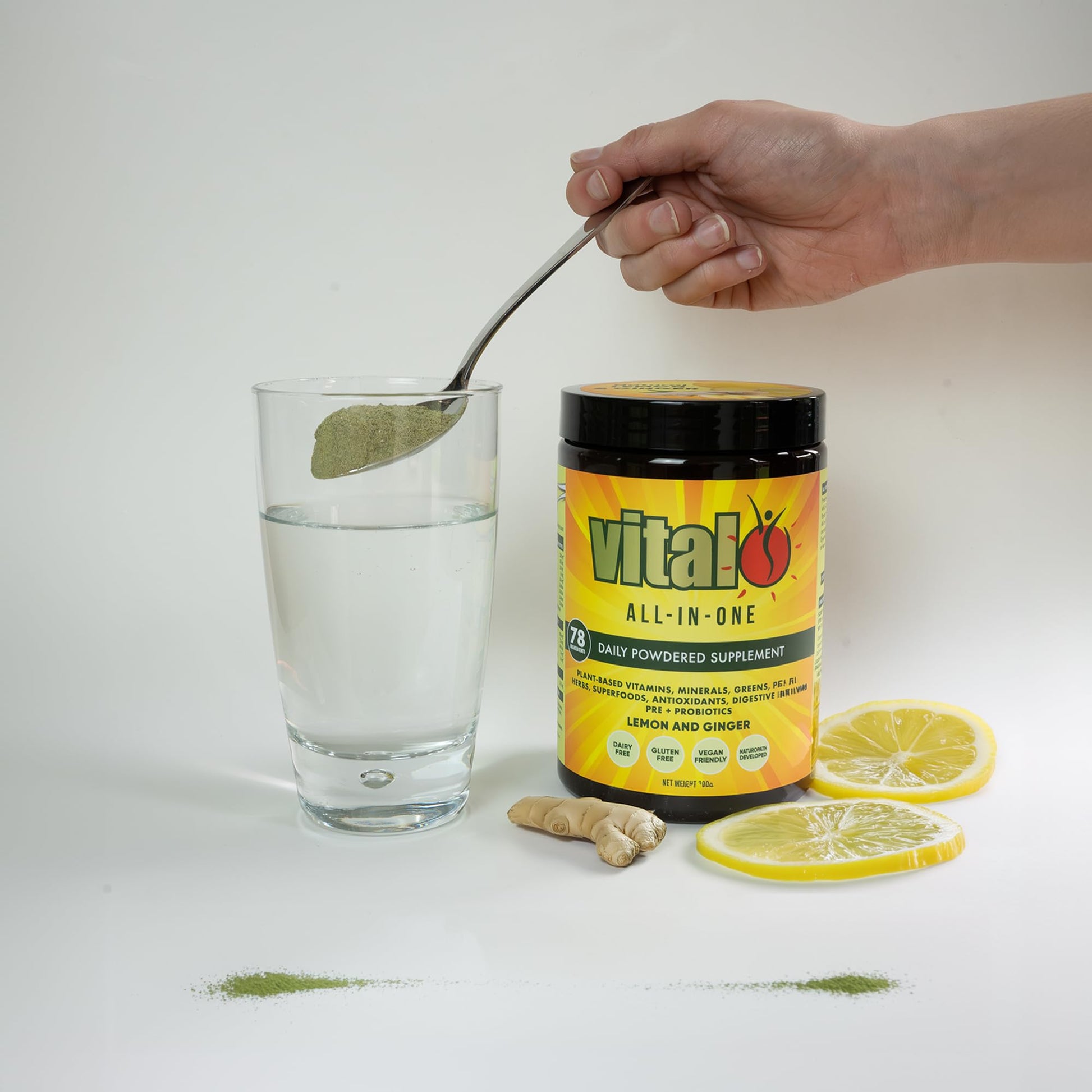Vital All-in-One Daily Powdered Supplement - Natural Greens Superfood Powder for Energy & Health, Super Greens Powder Drink Mix with Probiotic & Antioxidant Support - Lemon & Ginger, 4.23 oz (120 g) VitalAu supplements