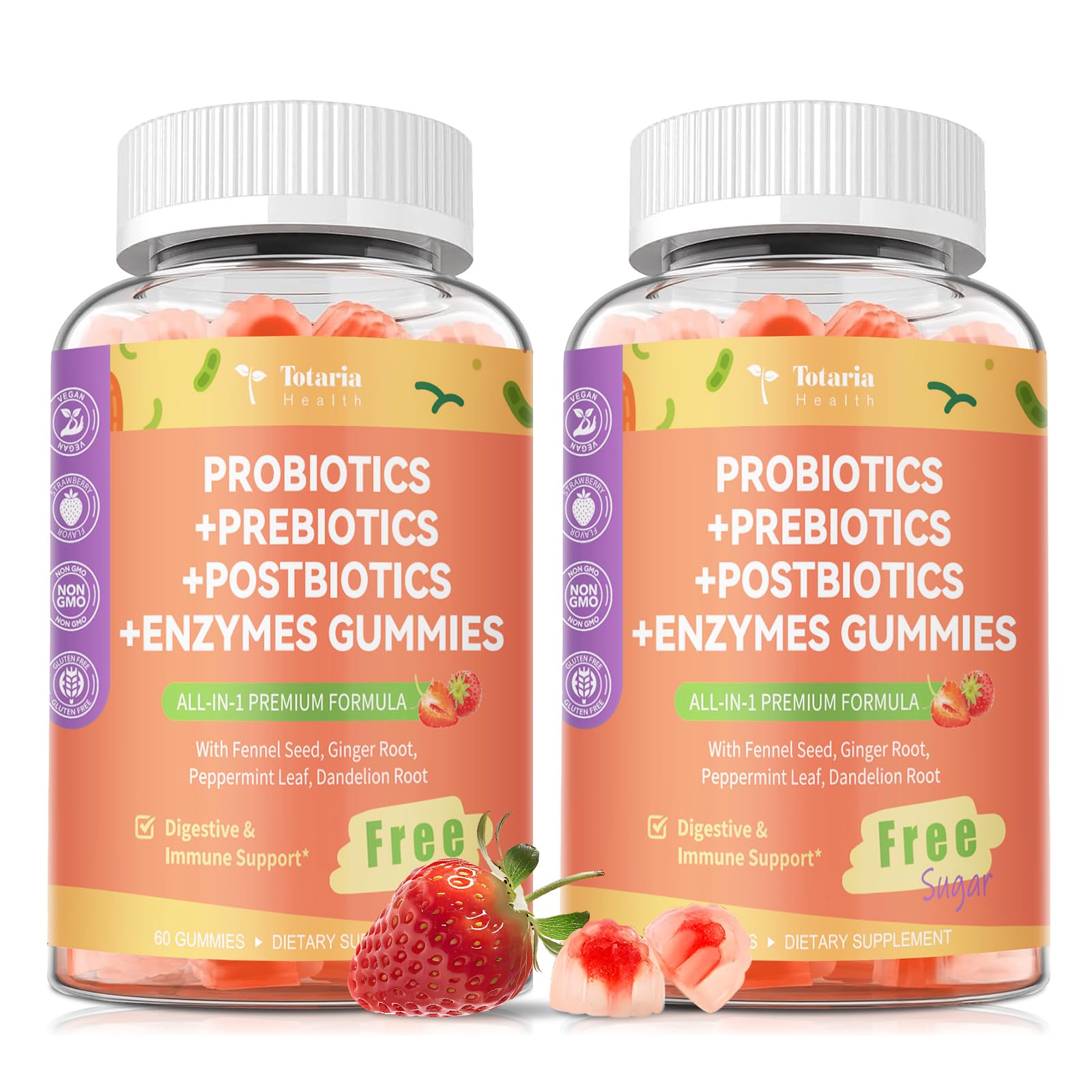 (2 Packs) Totaria Sugar Free 5-in-1 Probiotic Prebiotic Postbiotic Gummy, Probiotics for Women Men with Digestive Enzymes, Peppermint, Complete Immune, Gut & Digestive Support, Vegan Strawberry Flavor TotariaAu supplements