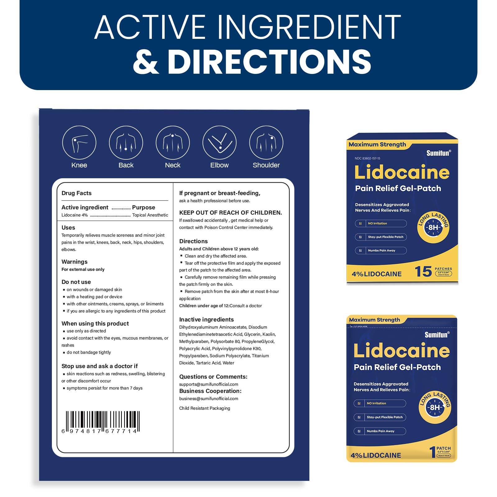 Sumifun 4% Lidocaine Pain Relief Patches 15 Counts Maximum Strength Numbing Gel Patch for Back Knee Neck Joint Ache Muscle Soreness Topical Analgesic SumifunAu supplements