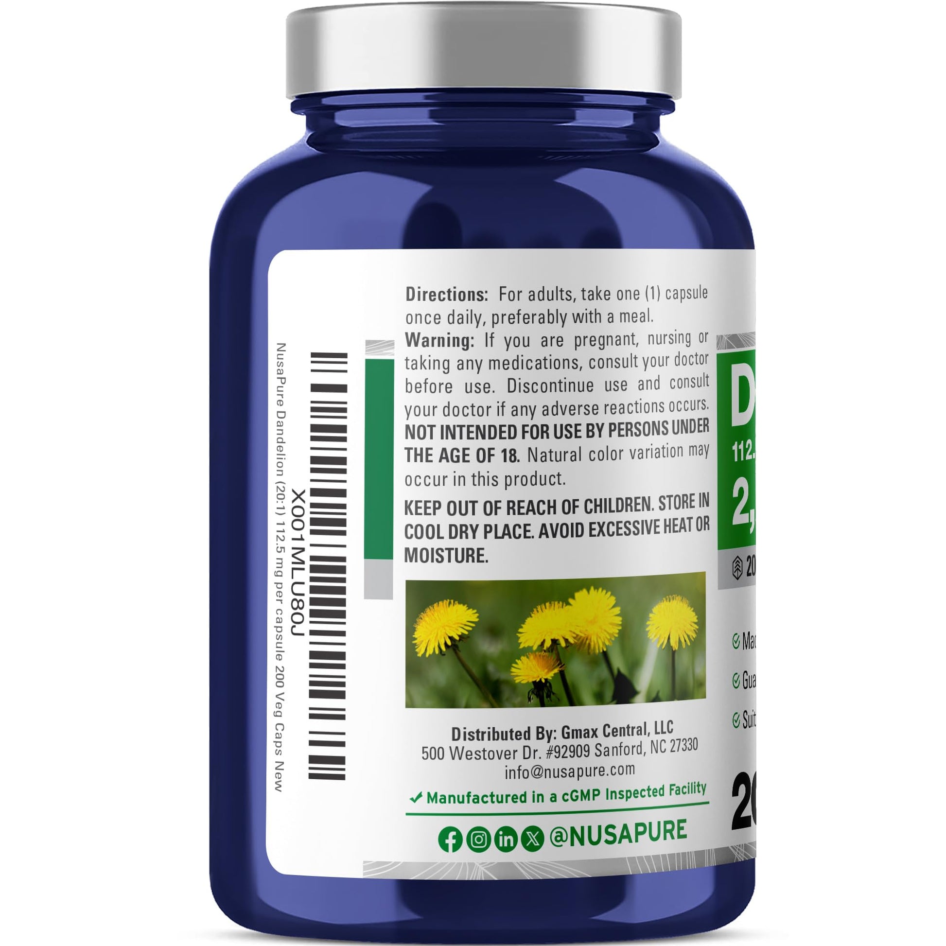 NusaPure Dandelion Root 20:1 Extract, 112.5 mg Equivalent to 2,250 mg 200 Veggie Capsules (Non-GMO, Vegan) NusaPureAu supplements