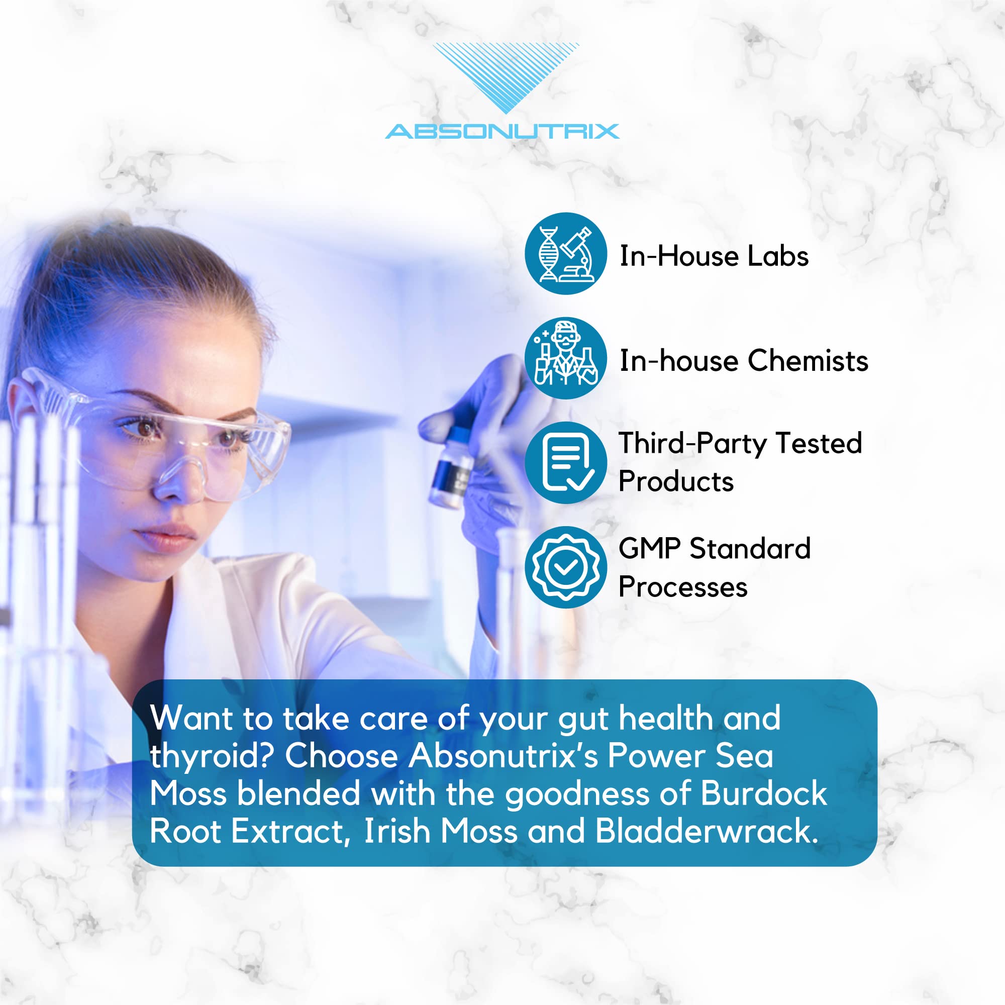 Absonutrix Power Sea Moss with Blend Burdock Root Extract 593mg, 4 Oz Liquid, 200 Servings, Made in USA, Quick Absorption, Quality Potent Ingredients, Third-Party Tested, Non-GMO AbsonutrixAu supplements