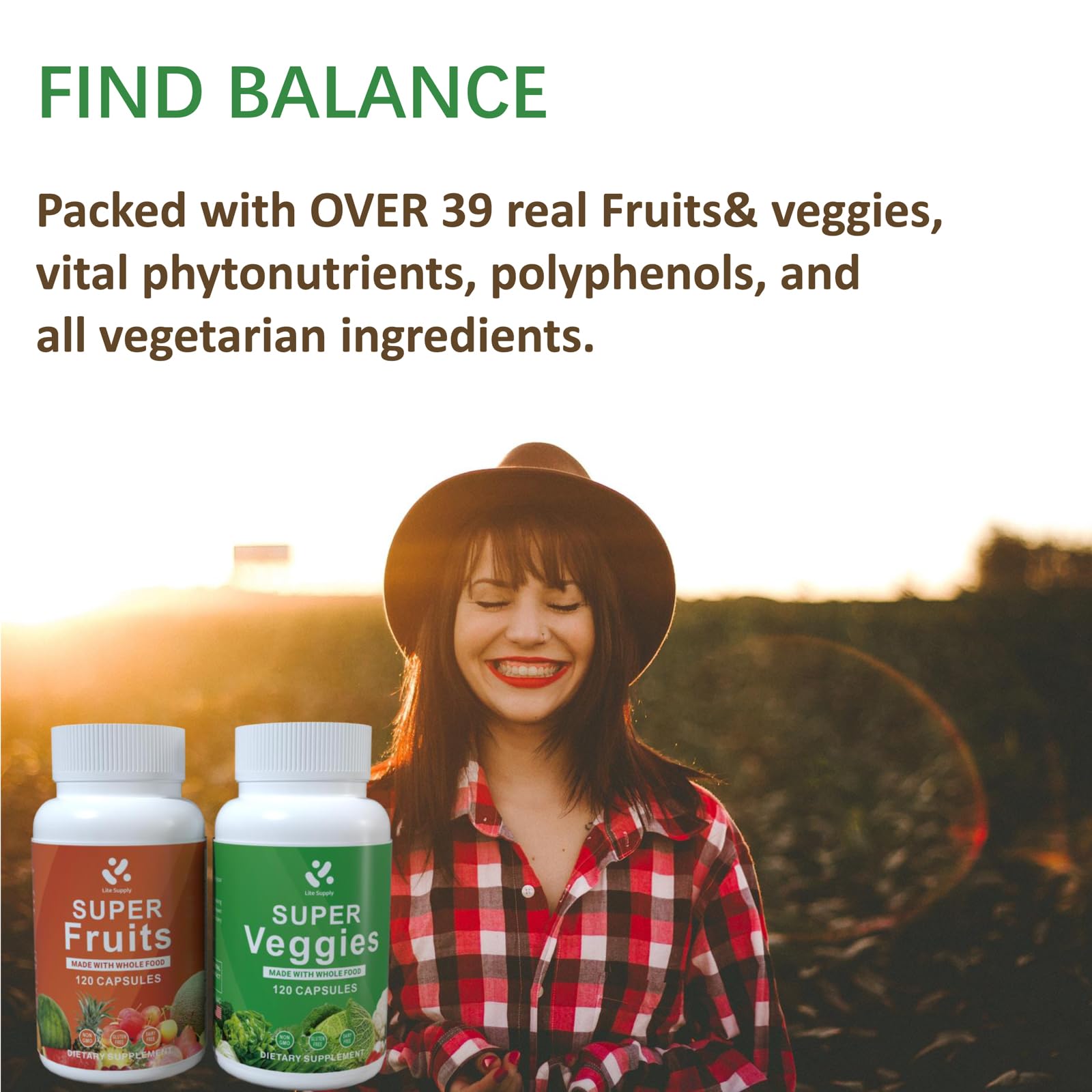 Lite Supply Fruits and Veggies Supplement 240 Caps - 120 Fruit and 120 Veggie Capsules - Whole Food & Natural Superfood Filled with Vitamins & Minerals for Women, Men Supports Energy Levels Lite SupplyAu supplements