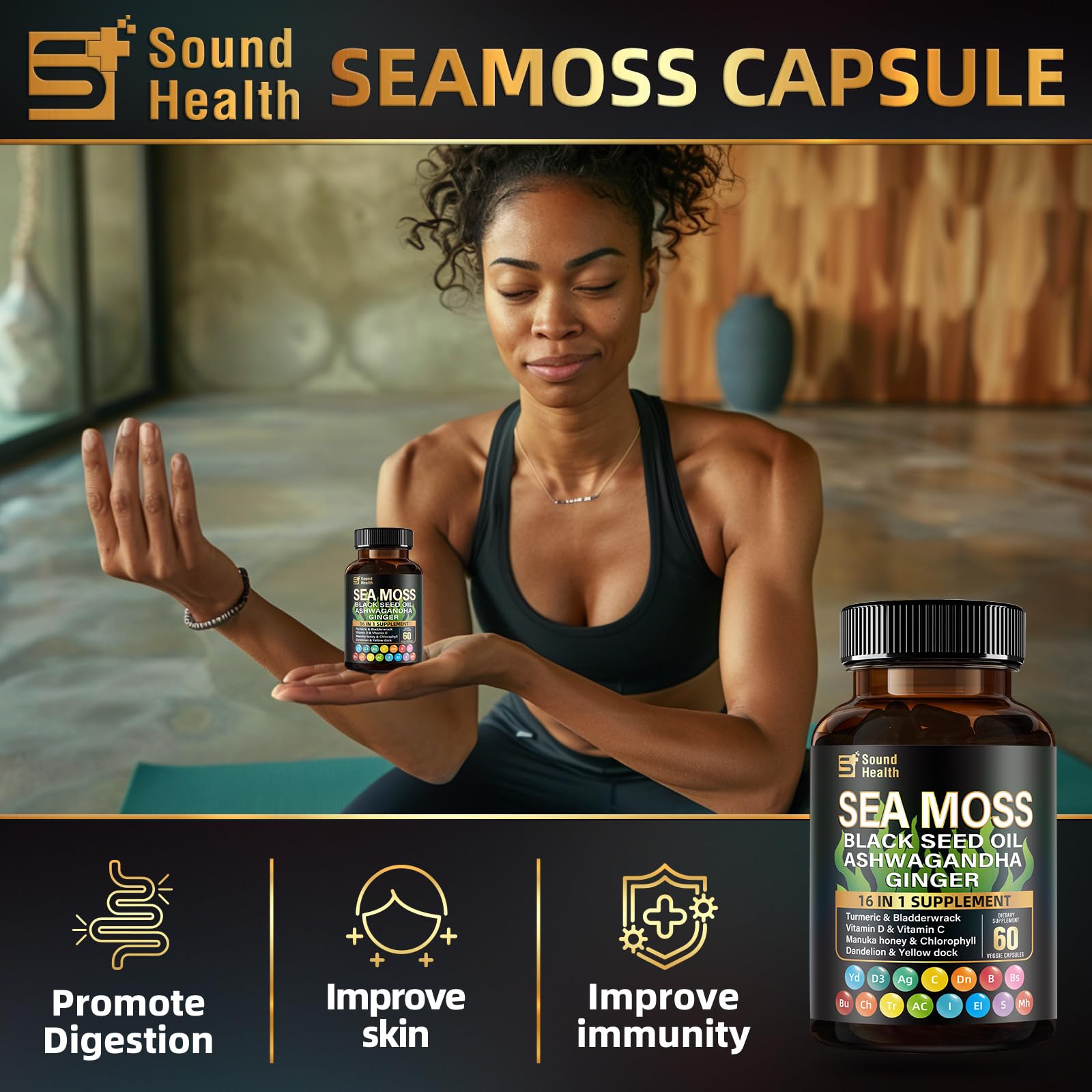 Sea Moss Capsules with Ashwagandha, Turmeric, Bladderwrack, Vitamins C & D for Natural Energy, Sleep Support & Hair Growth, 1200mg Herbal Blend, for Man & Women, Third-Party Tested，16-in-1 Supplement SoundHealthAu supplements