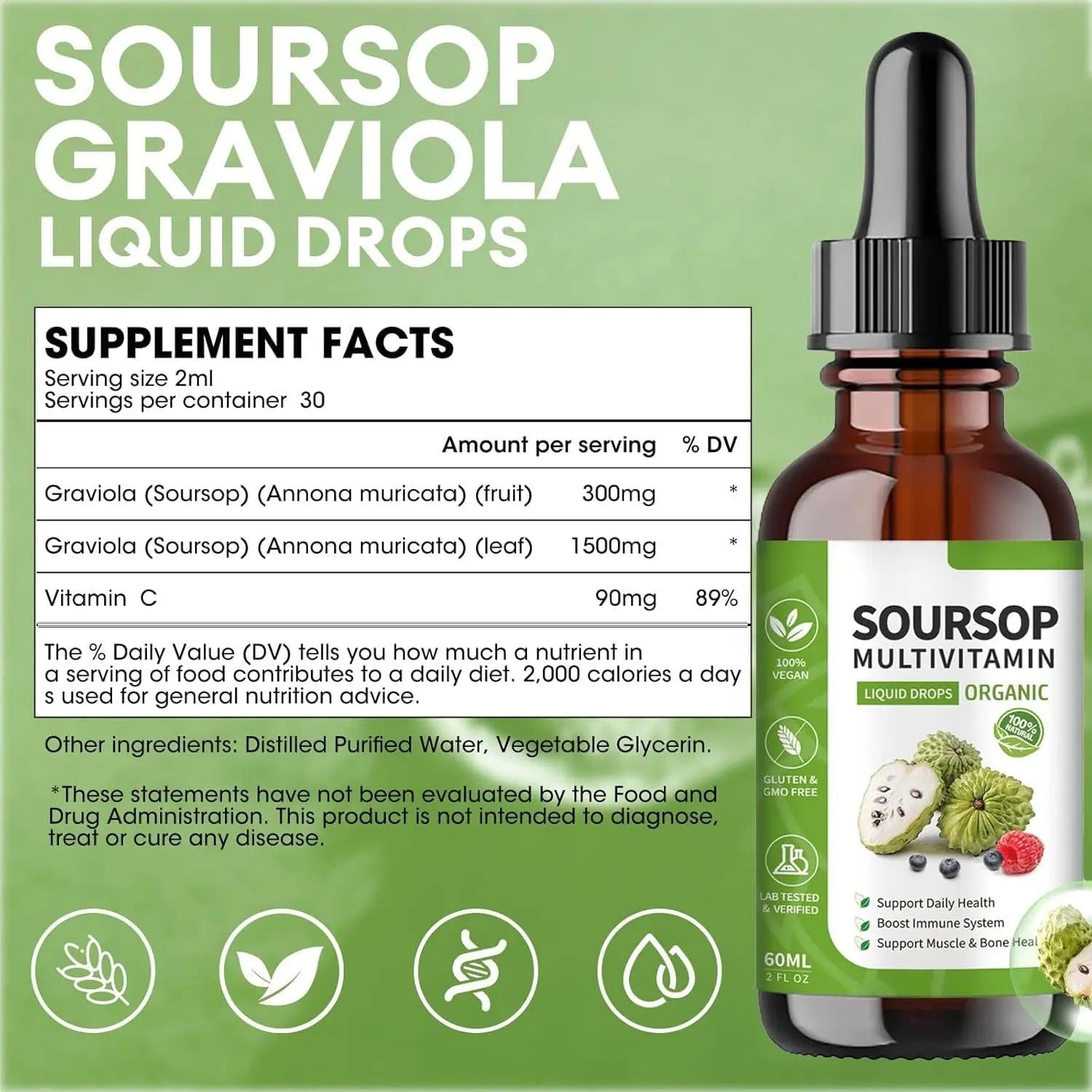 Soursop Bitters Liquid 2 Fl Oz, Soursop Graviola Leaf Extract Liquid Drop, Soursop Multivitamin Liquid Drops Organic for Cell Support, Immune System, Relax bogomoAu supplements