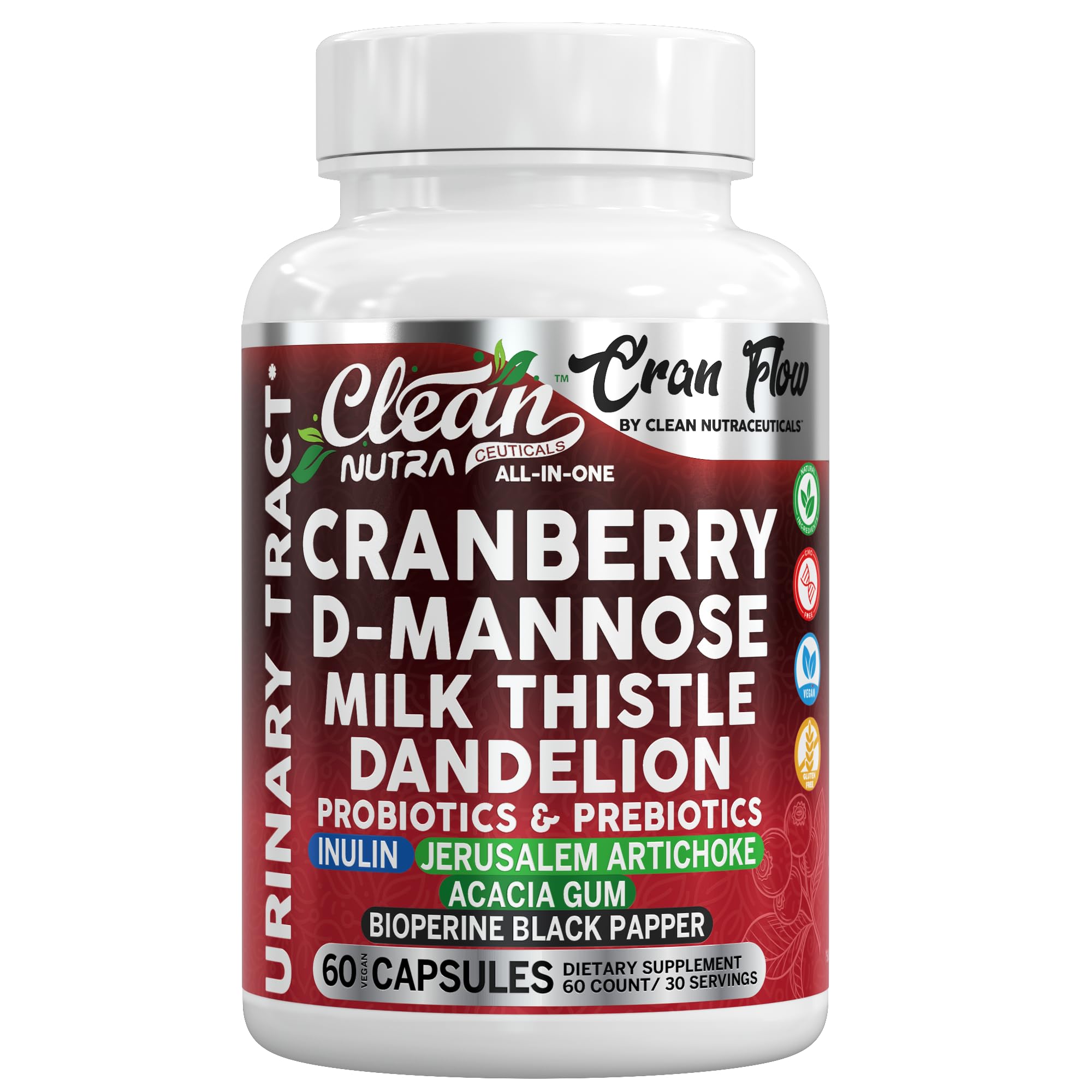 Cran Flow Cranberry Pills for Urinary Health D-Mannose Milk Thistle Dandelion Inulin Vitamin C Prebiotics and Probiotics Bladder Support By Clean Nutra Clean NutraceuticalsAu supplements