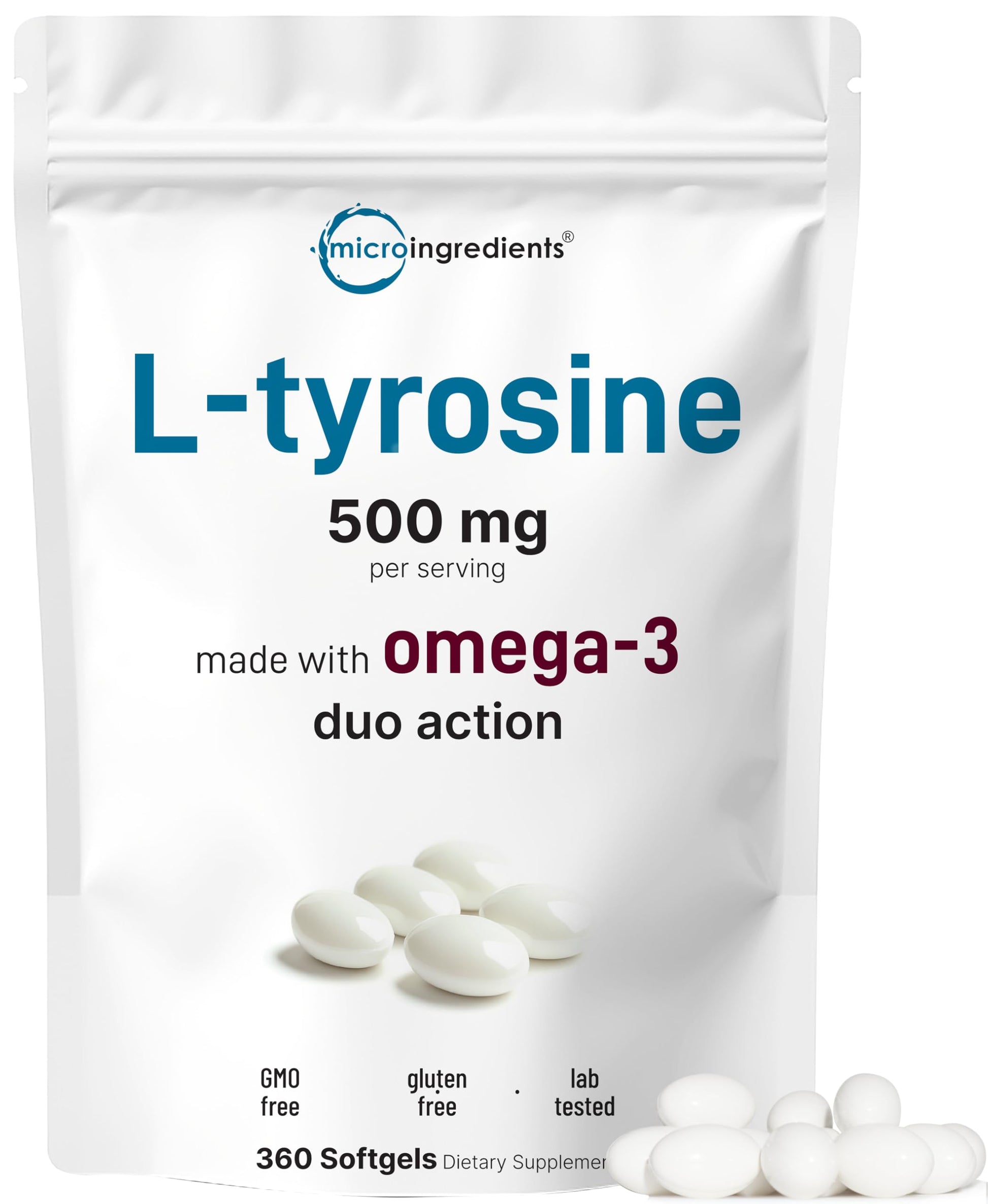 L Tyrosine Supplement 500mg with Omega-3, 360 Softgels | Duo Action Amino Acids + Omega from Flaxseed Oil 1,000mg with ALA | Heart and Mood Support | Brain Supplements for Memory and Focus | Non-GMO Micro IngredientsAu supplements