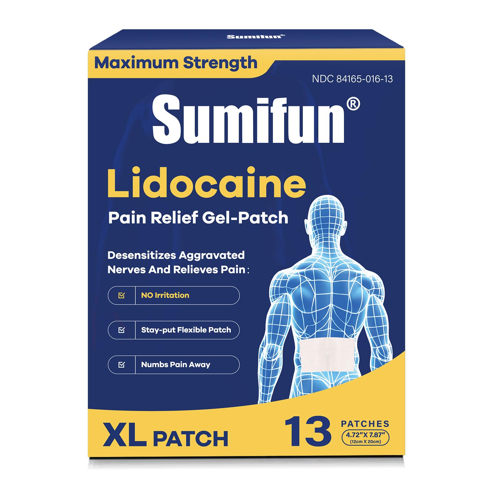 Sumifun XL Lidocaine Patches for Pain Relief, 4% Lidocaine Maximum Strength OTC, Extra Large 4.72"x7.87" for Full Back Pain Patches & Large Areas (Extra Large, Count, 13) SumifunAu supplements