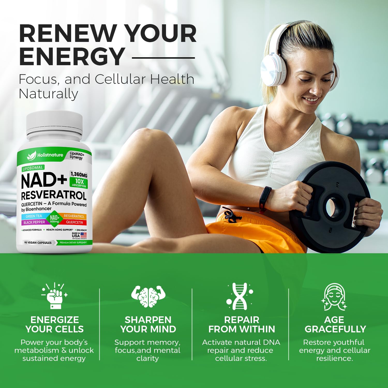 NAD+ Supplement, 1,360mg Max Strength Liposomal | Resveratrol, Quercetin, Green Tea | Cellular Energy & Healthy Aging for Men & Women | 800mg of 100% High Purity NAD+ for Energy, Focus - 90 Capsules HolistnatureAu supplements