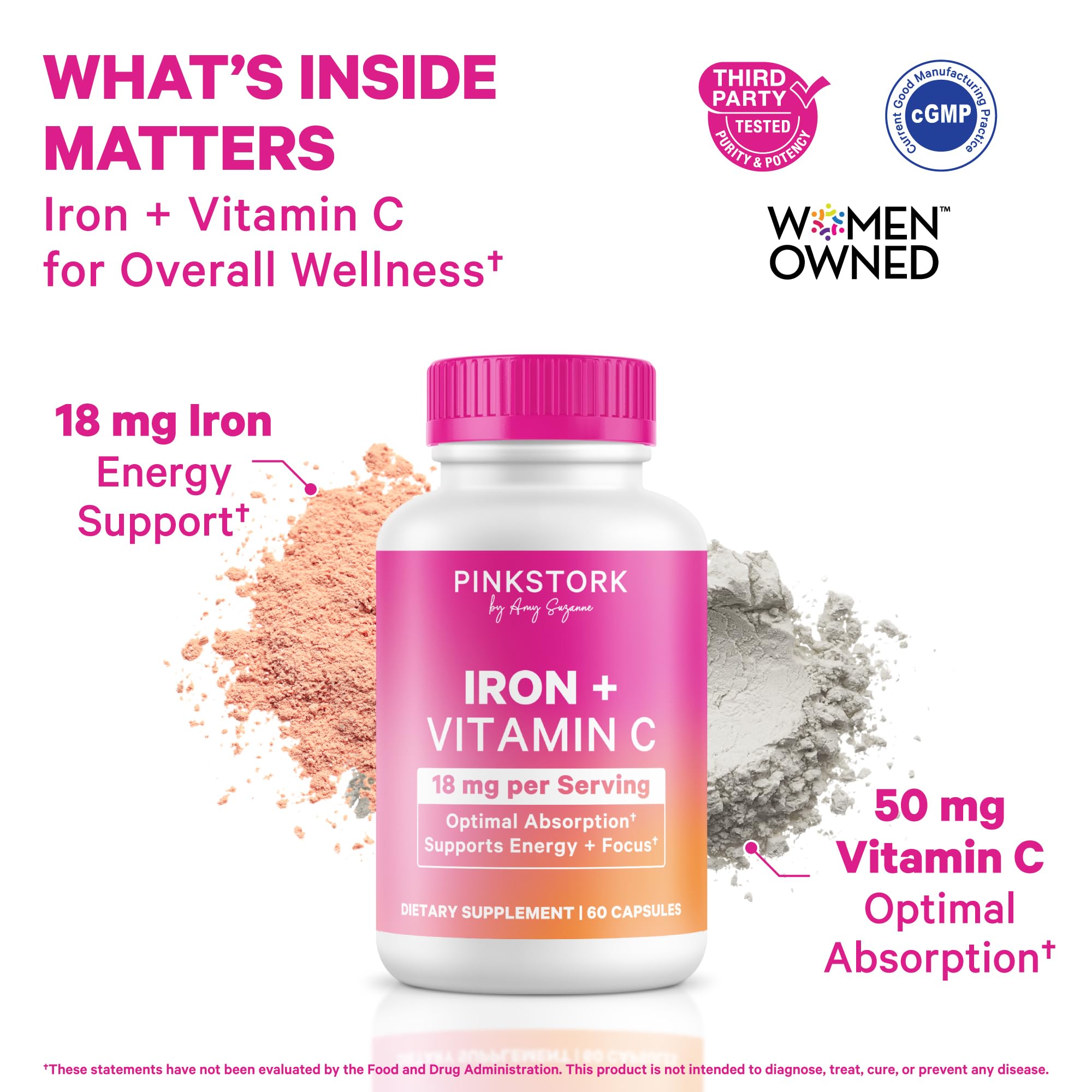 Pink Stork Iron for Women – 18 mg Non-Constipating Iron Bisglycinate + Vitamin C for Optimal Absorption – Energy, Focus, & Oxygen Supply – PMS, Pregnancy, Postpartum & Perimenopause - 60 Capsules Pink StorkAu supplements
