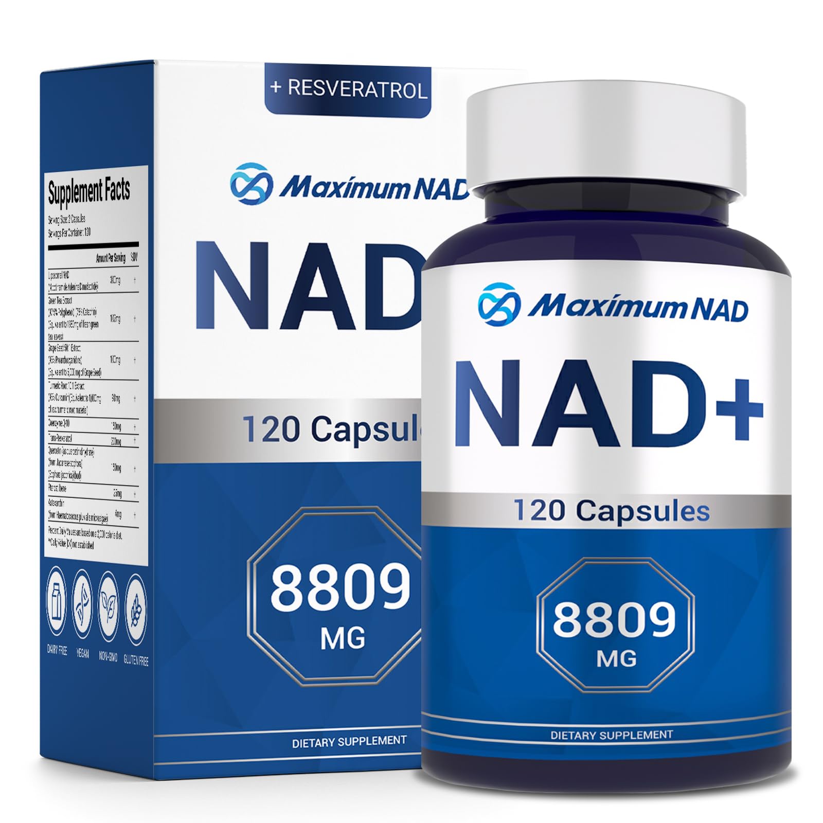 NAD+ Supplement 8,809mg with Liposomal NAD and Resveratrol for Women & Men - 120 Capsules to Support Cellular Health, Boost Stamina & Healthy Aging, Vegan & Gluten-Free Maximum NADAu supplements