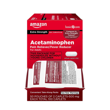Amazon Basic Care Extra Strength Acetaminophen Caplets 500 mg, Pain Reliever and Fever Reducer, Gentle on Stomach, For Arthritis Pain, Backache Pain and More, 50 Packets of 2 Capsules Each, 100 Count Amazon Basic CareAu supplements