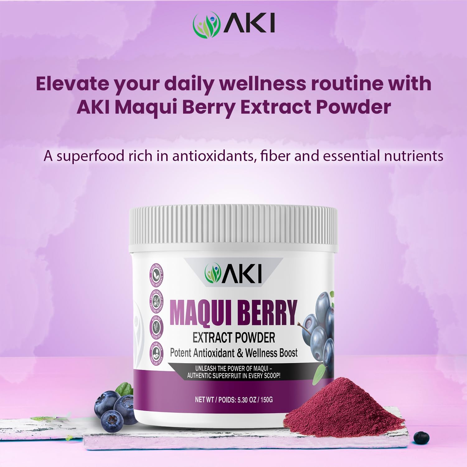 AKI Maqui Berry Extract Powder – Wild Harvested from Patagonia, High in Anthocyanins & Polyphenols, Freeze-Dried Superfruit for Smoothies, Non-GMO, Vegan, 150g/ 5.3 oz AKI ORGANICAu supplements
