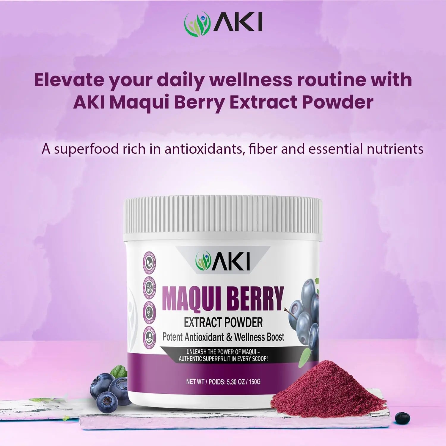 AKI Maqui Berry Extract Powder – Wild Harvested from Patagonia, High in Anthocyanins & Polyphenols, Freeze-Dried Superfruit for Smoothies, Non-GMO, Vegan, 150g/ 5.3 oz AKI ORGANICnz supplements