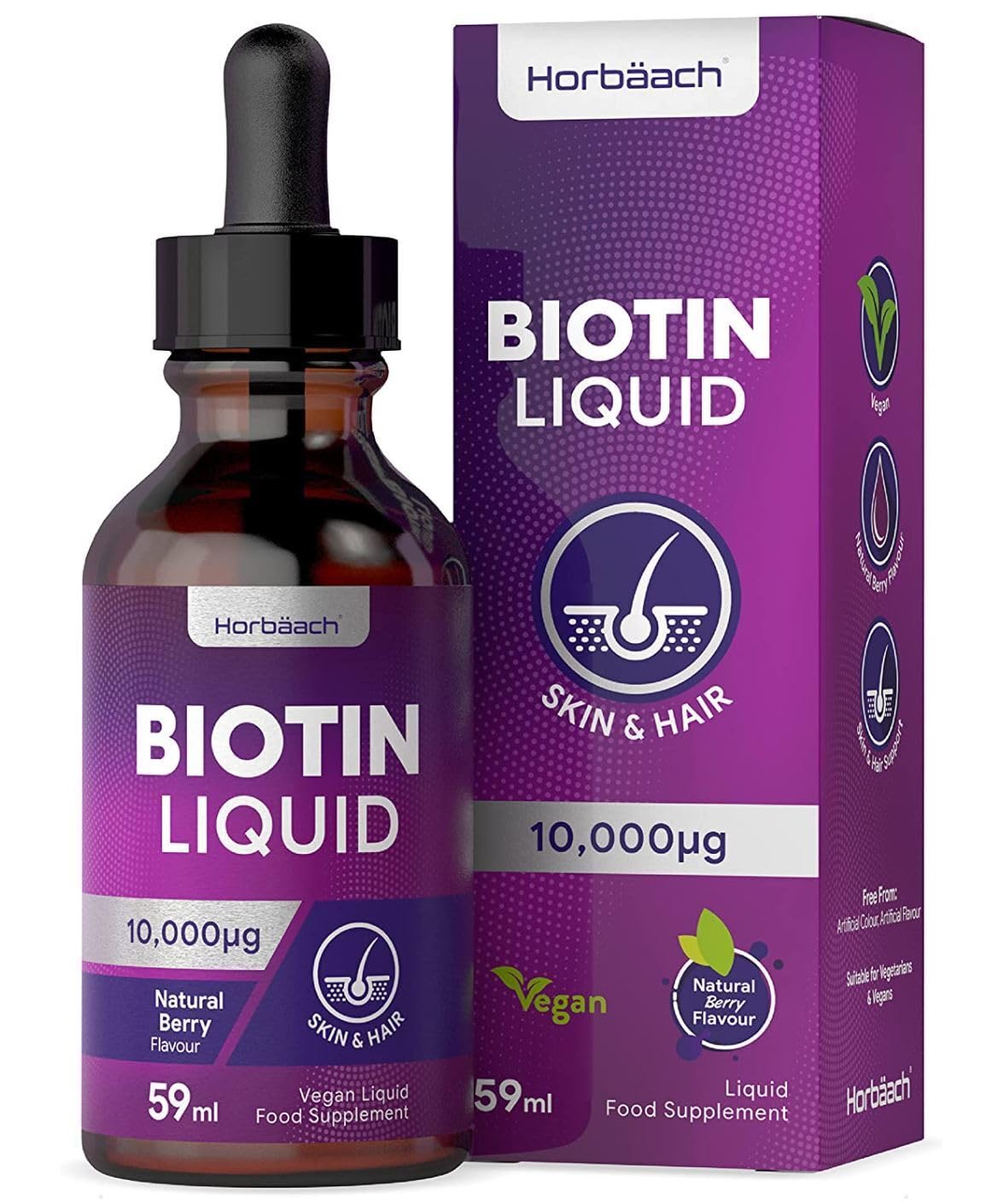 Biotin Liquid Drops for Hair & Skin Support | 10000 mcg Supplement | 59 ml Vitamin B7 HorbäachUS supplements