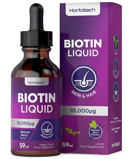 Biotin Liquid Drops for Hair & Skin Support | 10000 mcg Supplement | 59 ml Vitamin B7 HorbäachUS supplements