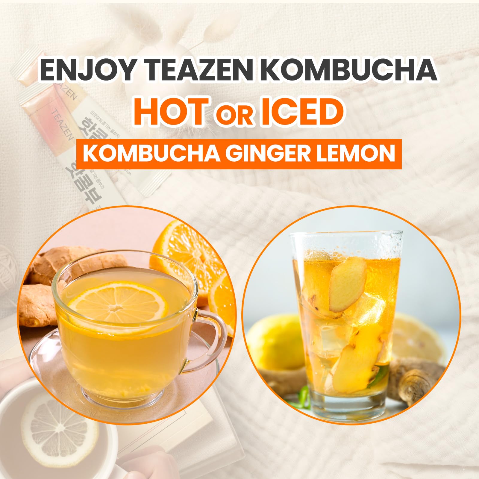 TEAZEN Lemon Ginger Hot Kombucha Tea, Live Probiotics & Postbiotics, Relaxation and Warmth for Colds and Sore Throat, Hydration Drink Mix, Sugar Free, 30 Sticks, 5.29oz TEAZENAu supplements