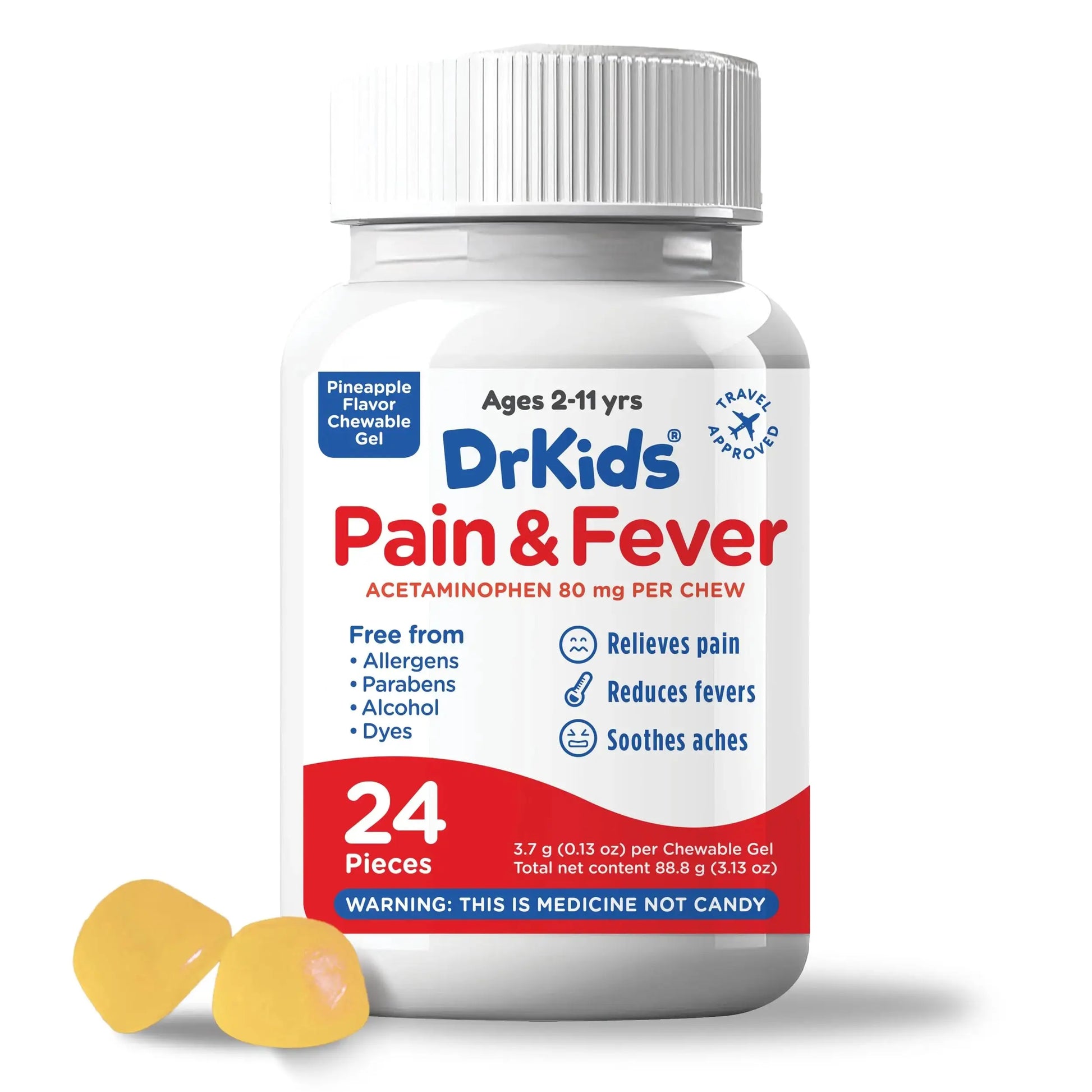 Dr. Kids Children’s Pain and Fever Chewable Gels – Pain Relief and Fever Reducer for Kids Ages 2–11, 80 mg Chewable Acetaminophen for Headache, Sore Throat, Cold & Flu, Pineapple Flavor, 24 Count Dr. KidsAu supplements