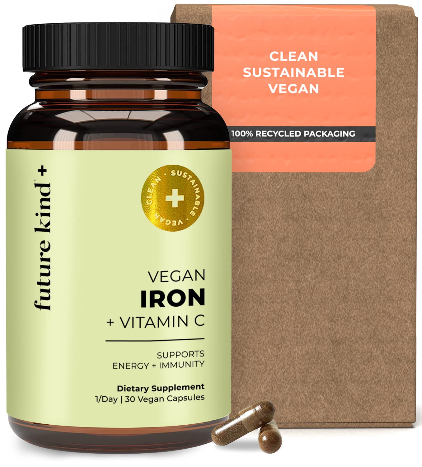 Future Kind Iron Supplement for Women and Men, Daily Energy & Focus, Chelated Iron Bisglycinate, 18mg 100% DV with Vitamin C for Absorption - Gentle on Stomach, Non-GMO Vegan Capsules, 30 Day Supply Future KindAu supplements