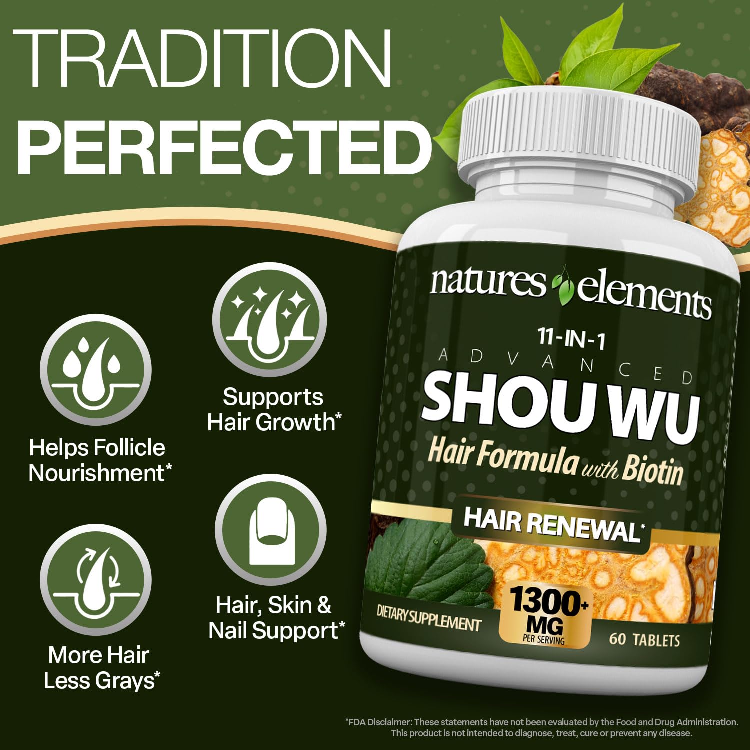 Natures Elements Advanced Shou Wu for Gray Hair – Prepared He Shou Wu for Hair Growth with Biotin, Bioperine, Fo-Ti Root & More – 100% Natural – 60 Tablets – Non-GMO, Gluten-Free Natures ElementsAu supplements