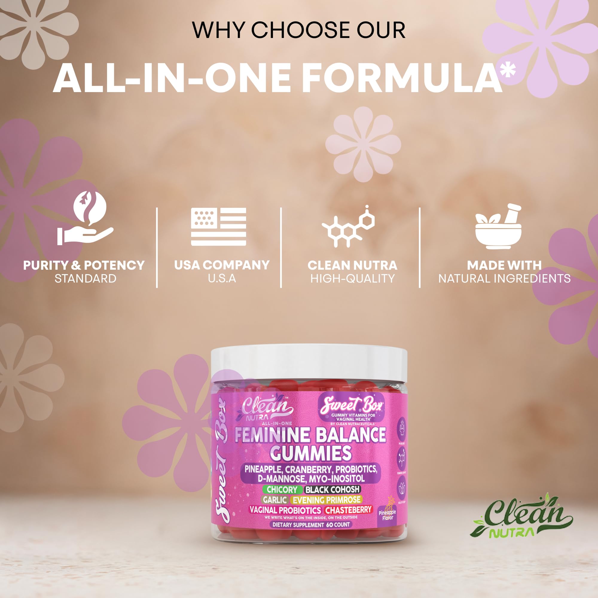 Clean Nutra Feminine Balance Gummies for Women Pineapple VaginalProbiotics pH Balance Cranberry D Mannose Supplement Inositol Black Cohosh Evening Primrose Garlic Vitex GLA Prebiotics Folate 60ct Clean NutraceuticalsAu supplements
