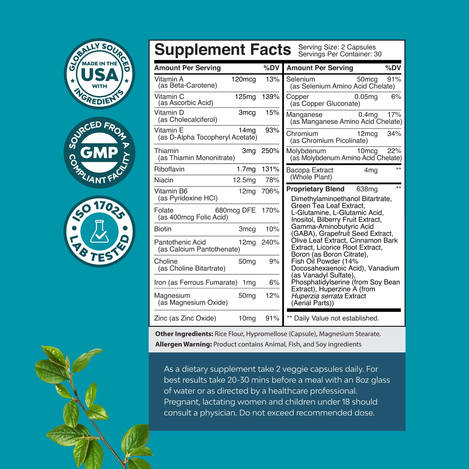 Nootropic Brain Supplement for Memory and Focus Enhancement - Vitamins for Mental Health & Clarity with VIT A, B6, Riboflavin, Niacin, Thiamin & Folate - Cognitive Complex for Mind Vitality - 60 Ct Natures CraftAu supplements