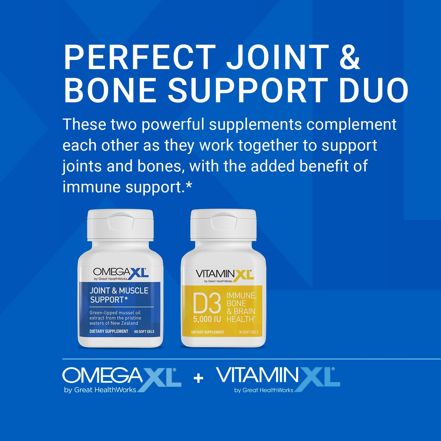 OmegaXL Joint Support Supplement - 60 Softgels & VitaminXL D3 High Potency Daily Vitamin D 5000 IU 125mcg Immune Support Supplement (30 Softgels) - 2 Pack OmegaXLAu supplements