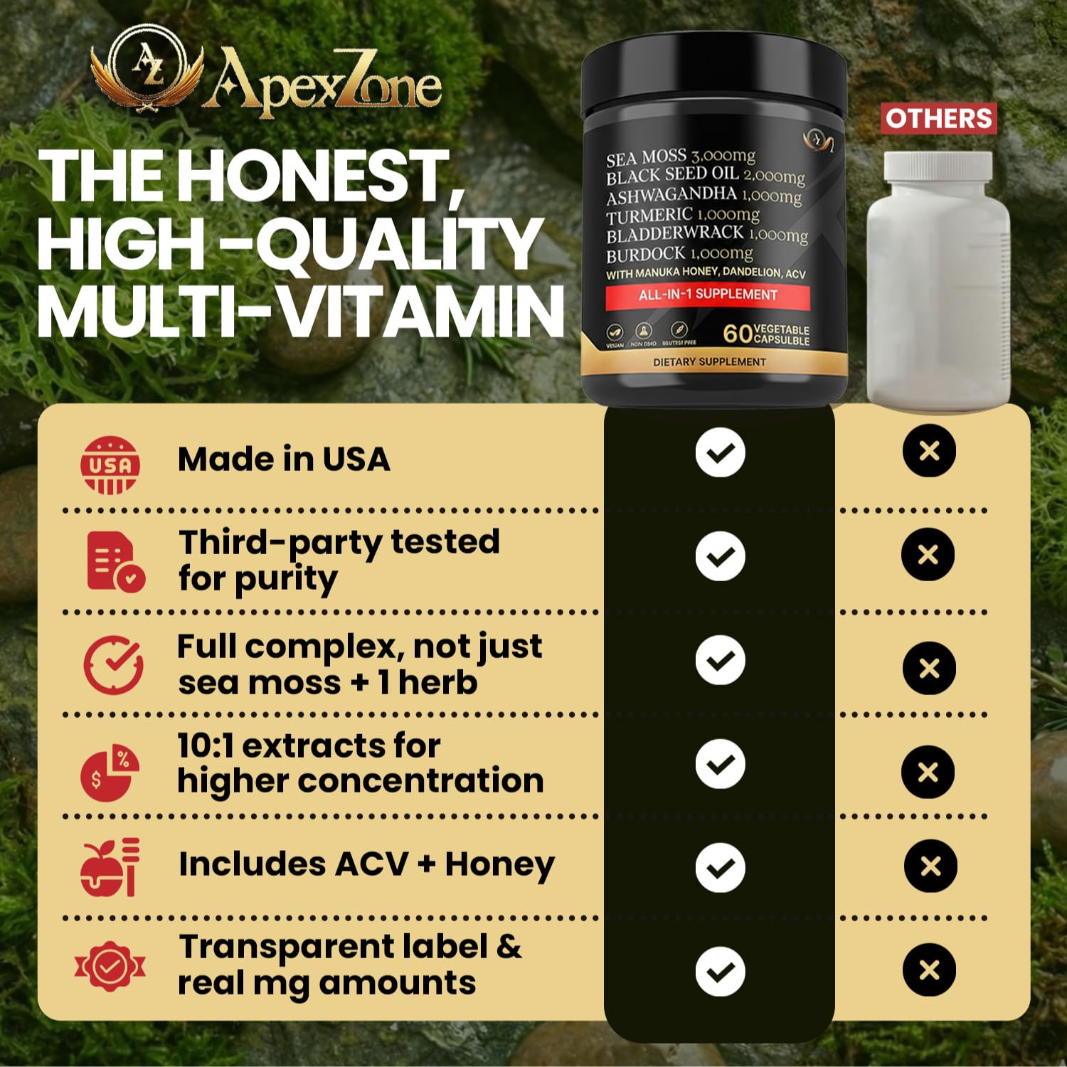 AZ ApexZone True Sea Moss Capsules Black Seed Oil Ashwagandha Burdock Root, Tumeric Supplement with Manuka Honey, Dandelion Root ACV - 60 Capsules - Multi Vitamin AZ ApexZoneAu supplements