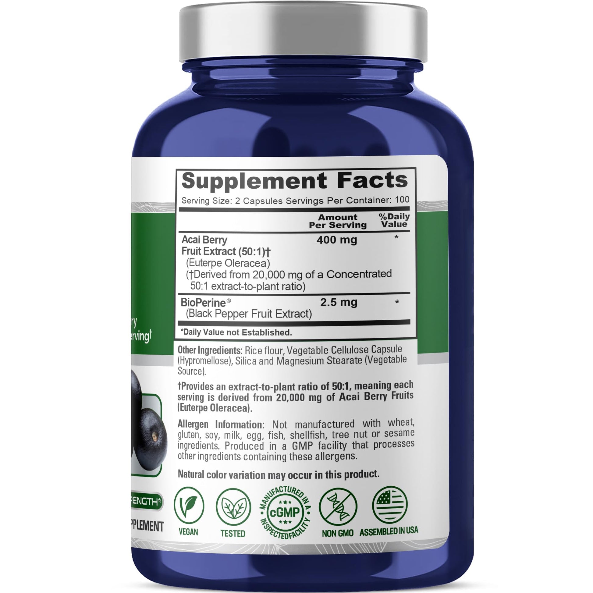 NusaPure Acai Berry 50:1 Extract - Suitable for Vegetarian/Vegan, Non - GMO - 20000 mg - 200 Capsules NusaPureAu supplements