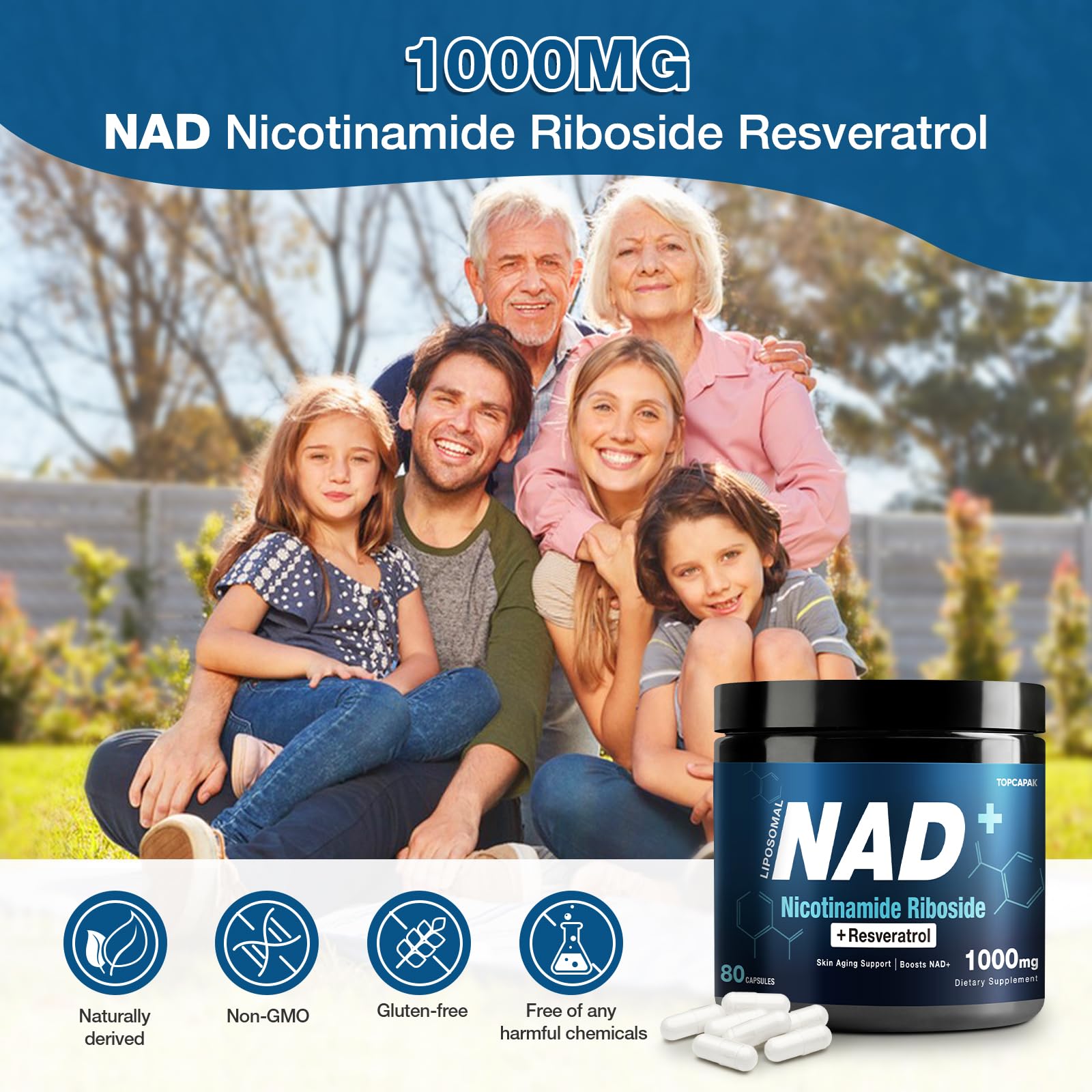 NAD+ Supplement 1000mg - Nicotinamide Riboside (NR) and Resveratrol, Liposomal NAD of Pure Organic Ingredients for Women & Men Healthy Aging, Brain and Cellular Energy, 80 Capsules TOPCAPAKAu supplements