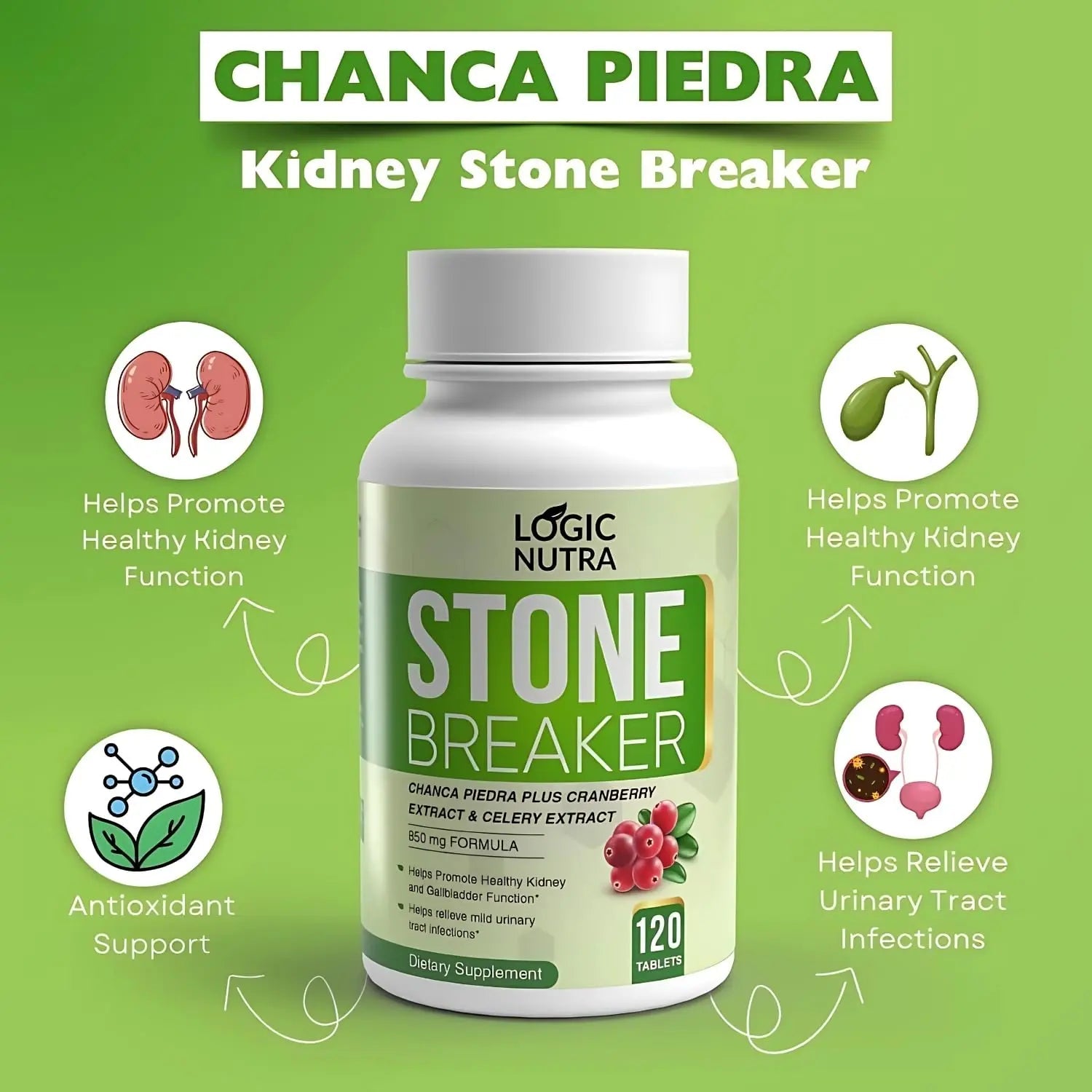 Logic Nutra Chanca Piedra Kidney Stone Breaker 120 Tablets 800 mg - Maximum Strength for Gallbladder & Urinary Cleanse with Phyllantus Niruri, Celery Seed Extract & Cranberry Extract Logic NutraAu supplements