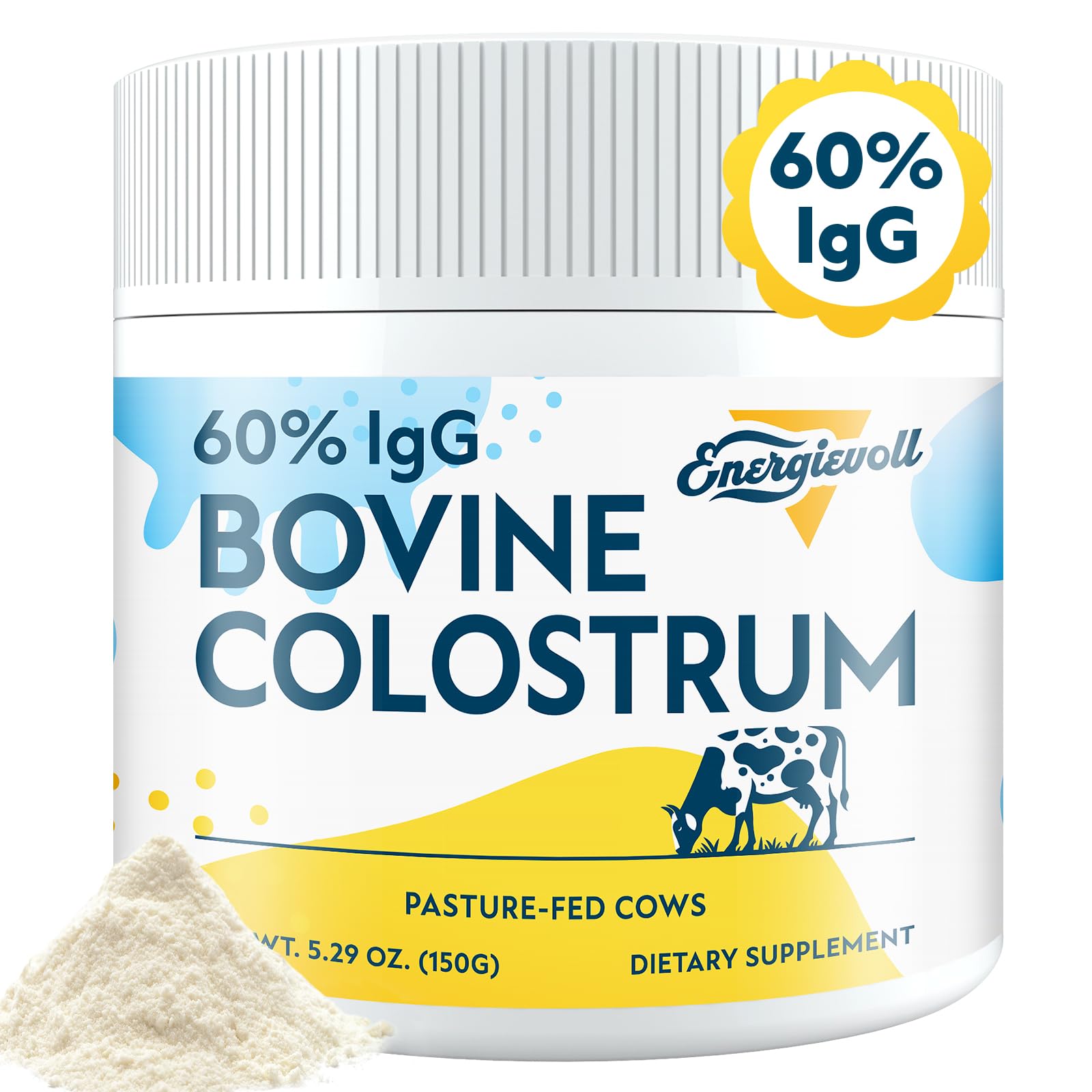 Energievoll Bovine Colostrum Supplement Powder - 60% IgG 3000 mg for Gut, Hair Growth, Beauty, and Immune, Easy to Mix, Unflavored (50 Servings) EnergievollAu supplements