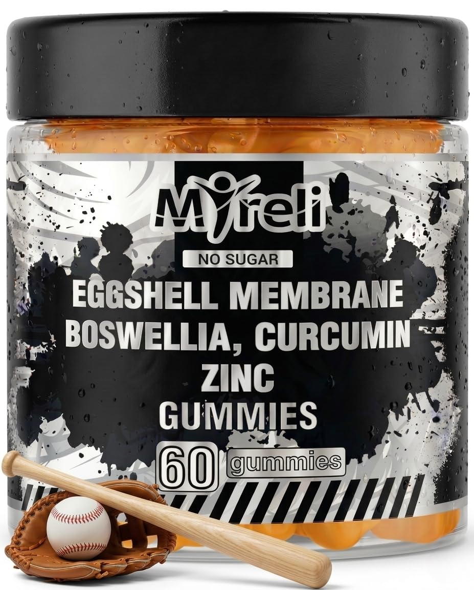 MYRELI Eggshell Membrane 400mg, Boswellia 300mg, Curcumin 250mg & Zinc 20mg Gummies - Baseball Athlete Joint Support, Flexibility, Recovery, Antioxidant, Energy, Endurance - Vegan, Non-GMO, 60 Gummies MYRELIAu supplements