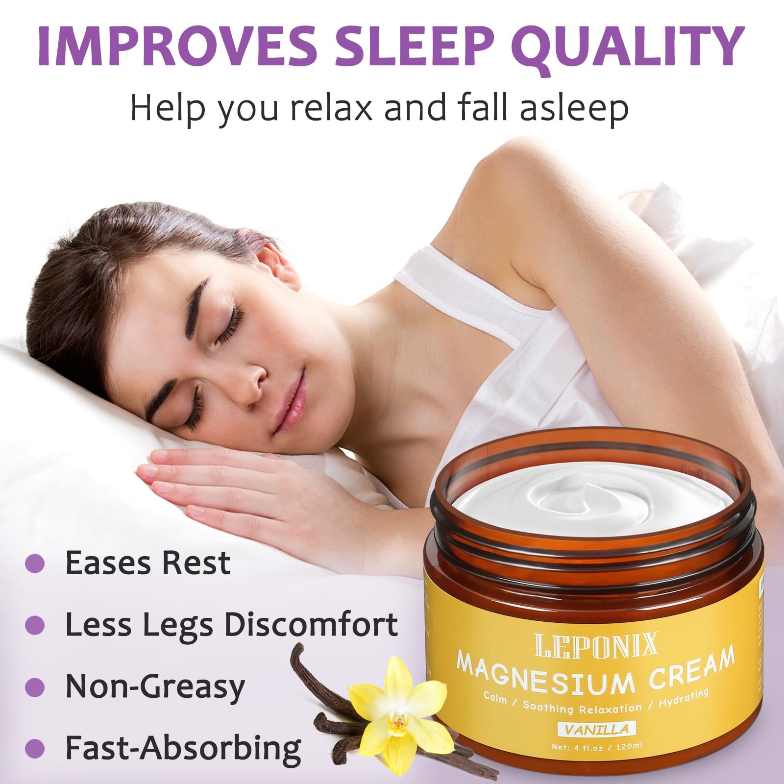 Magnesium Cream for Sleep & Muscle Recovery - Soothing Topical Magnesium Lotion for Leg Cramps, Joint Comfort, Pain Relief - Relaxing Magnesium Body Butter for Men Women Kids (120ml, Vanilla) LEPONIXAu supplements