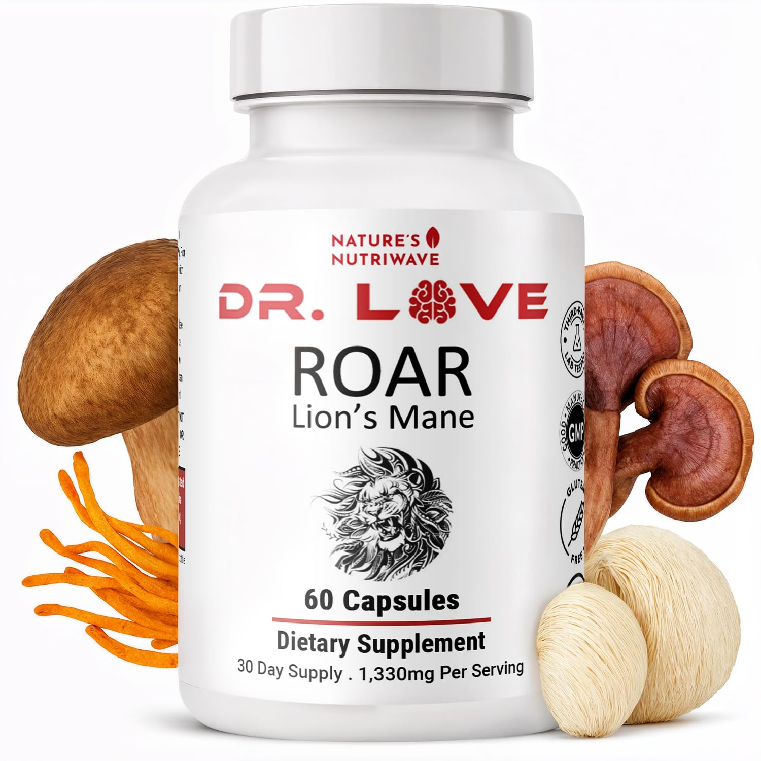 Nature’s NutriWave Dr. Love Roar Lion’s Mane Mushroom Supplement – Plant-Based Formula with Cordyceps, Reishi & Shiitake – Vegan, Gluten-Free, GMP Certified, Made in USA – 60 Capsules, 1 Month Supply Nature’s NutriWaveAu supplements