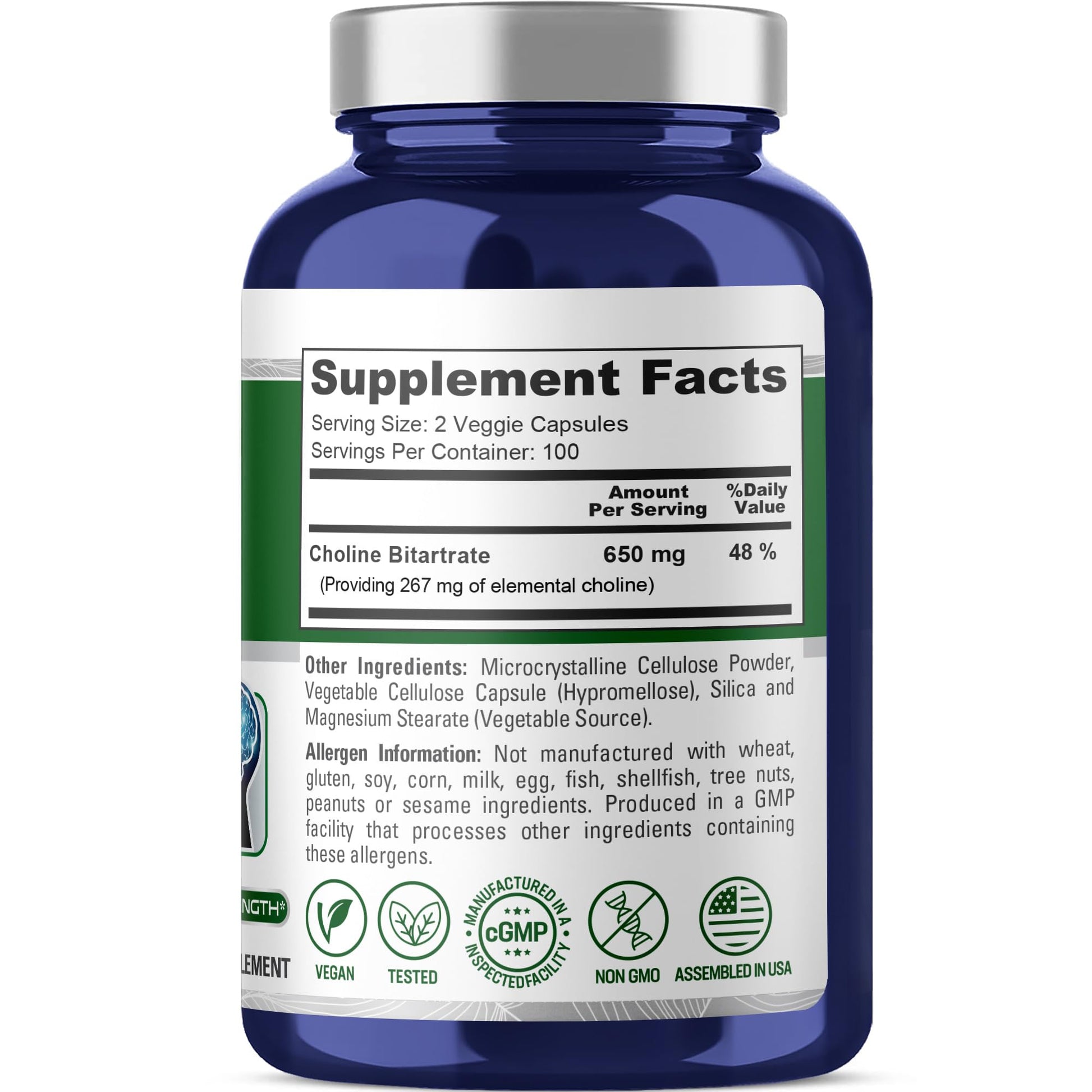 NusaPure Choline Bitartrate - Suitable for Vegetarian/Vegan, Non - GMO - 650 mg 200 Capsules NusaPureAu supplements