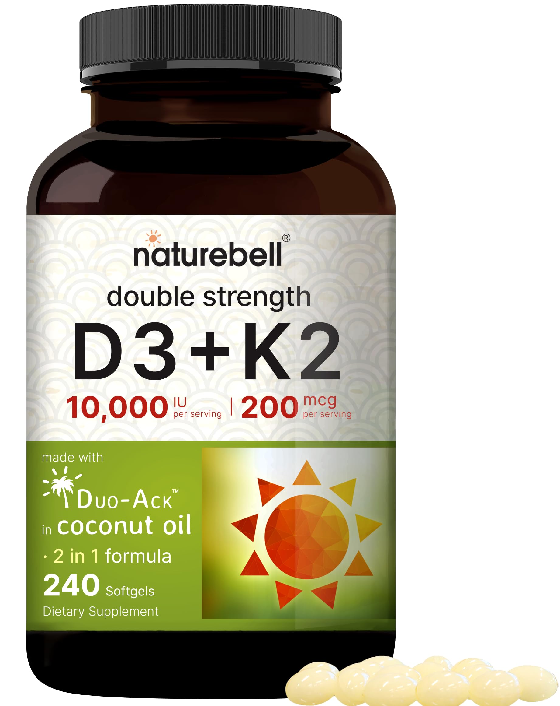 NatureBell Vitamin D3 K2 (10,000 IU Vitamin D + 200mcg Vitamin K MK-7) 240 Softgels NatureBellUS supplements