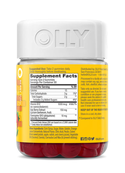 OLLY Extra Strength Daily Energy Gummy, Caffeine Free, 1000mcg Vitamin B12, CoQ10, Goji Berry, Adult Chewable Supplement OLLYUS supplements