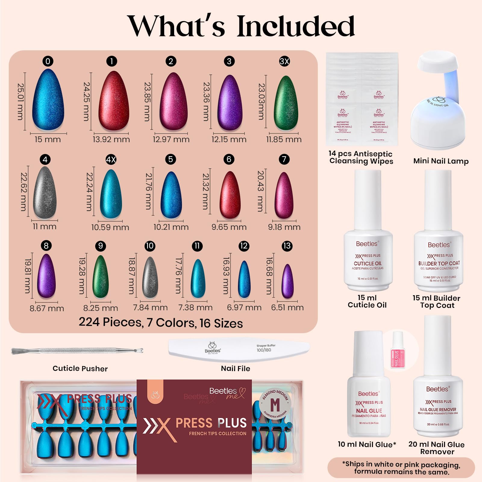 Beetles Cat Eye Nails Kit - Enchanted Aurora | 7 Colors Cat Eye Press On Nails Medium Almond | 224Pcs 16 Sizes All-in-One Kit With Nail Glue,Remover,Builder Top Coat,Nail Lamp Gift beetles Gel PolishAu supplements