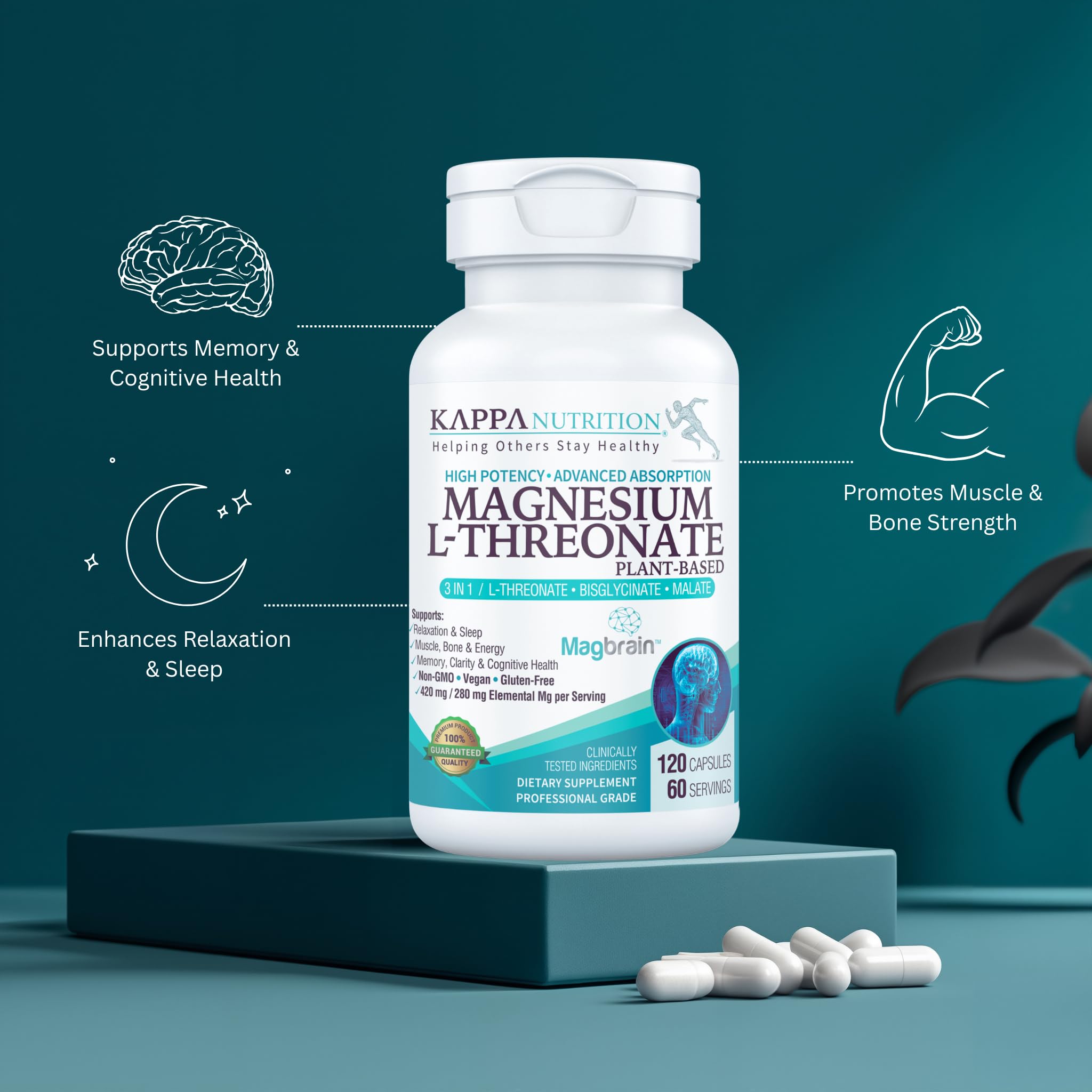 Kappa Nutrition Powered by Magbrain™ Magnesium L-Threonate Plant-Based, 420mg Elemental Magnesium (3 Capsules) from 2,253mg, 120 Vegan Capsules, Brain, Sleep & Muscle Support. KAPPA NUTRITIONAu supplements