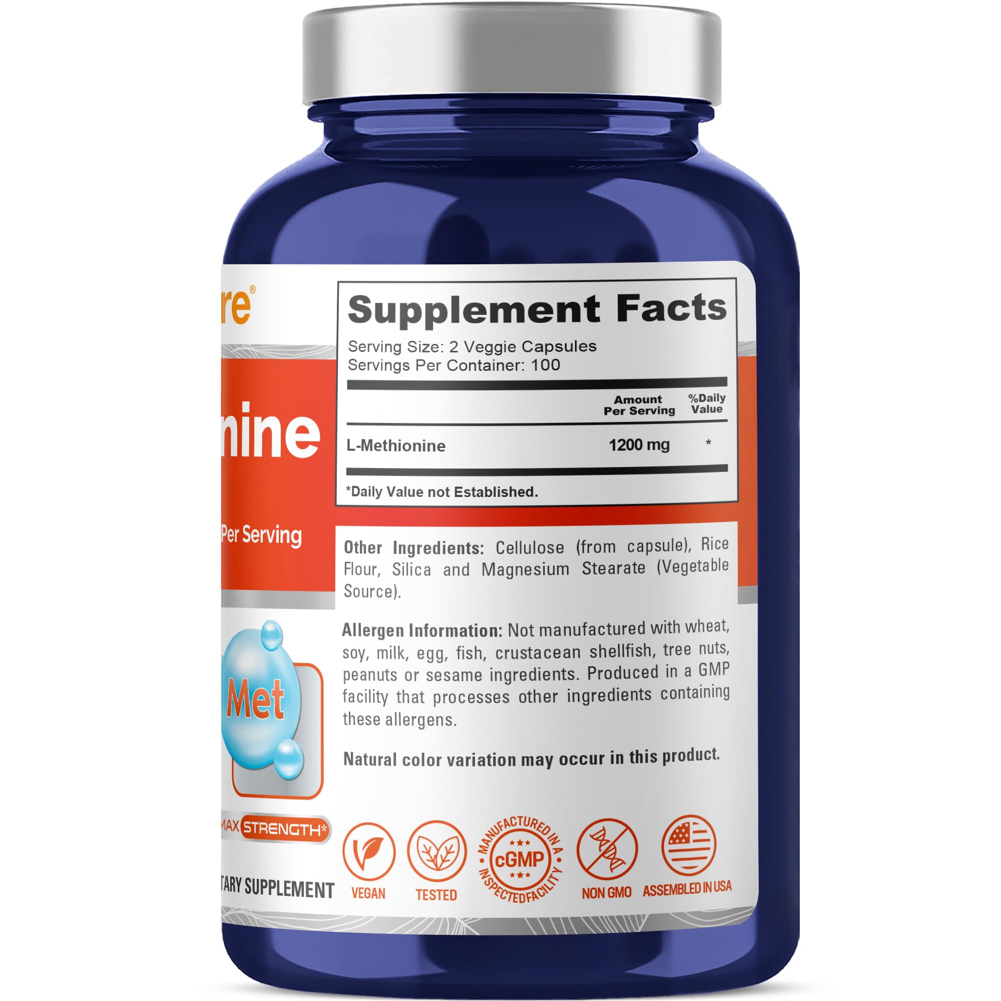 NusaPure L Methionine 1200mg | 200 Capsules | Non-GMO | Vegan Supplement NusaPureAu supplements