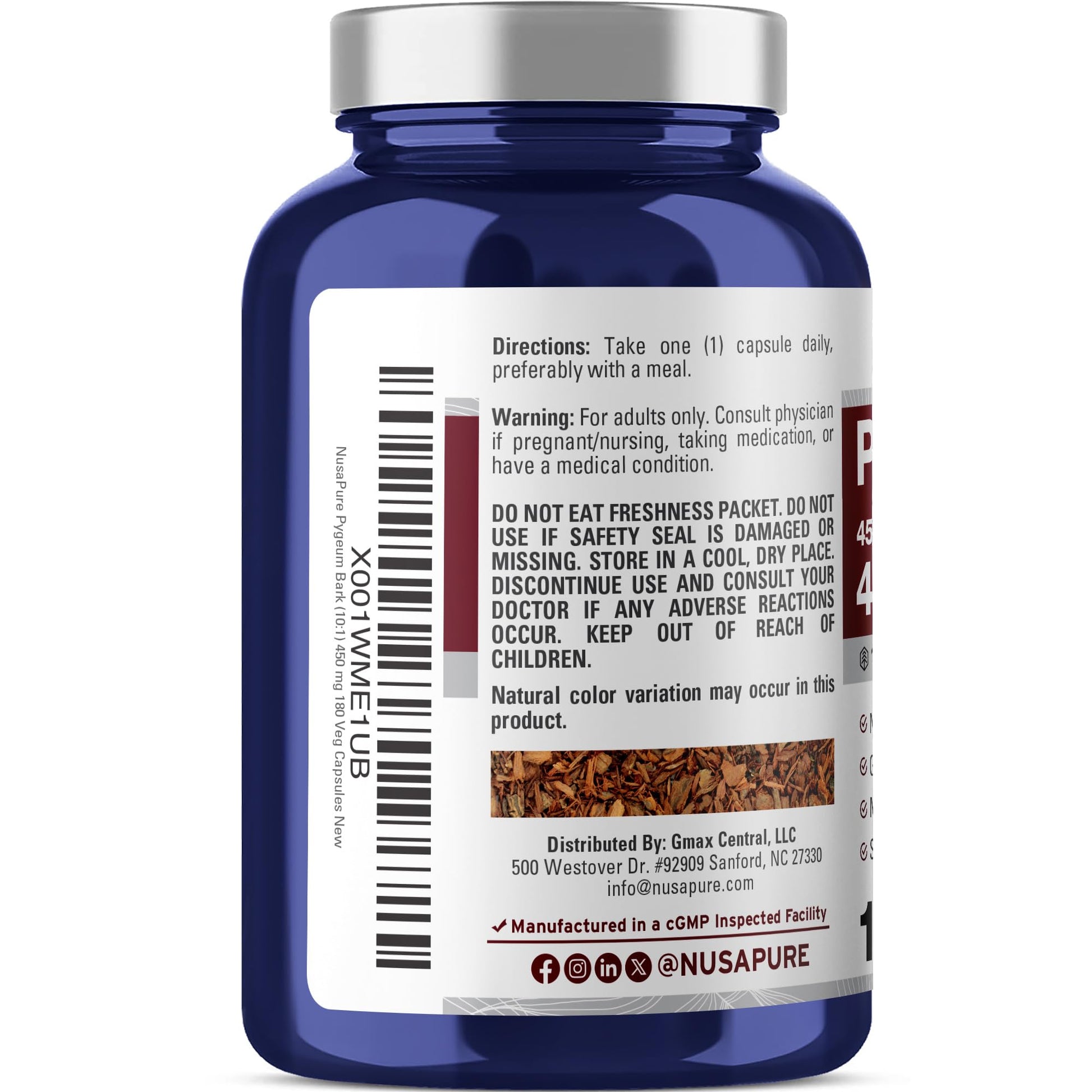 NusaPure Pygeum Bark 10:1 Extract, 450 mg Equivalent to 4,500mg 180 Veggie Caps (Non-GMO, Vegan) NusaPureAu supplements